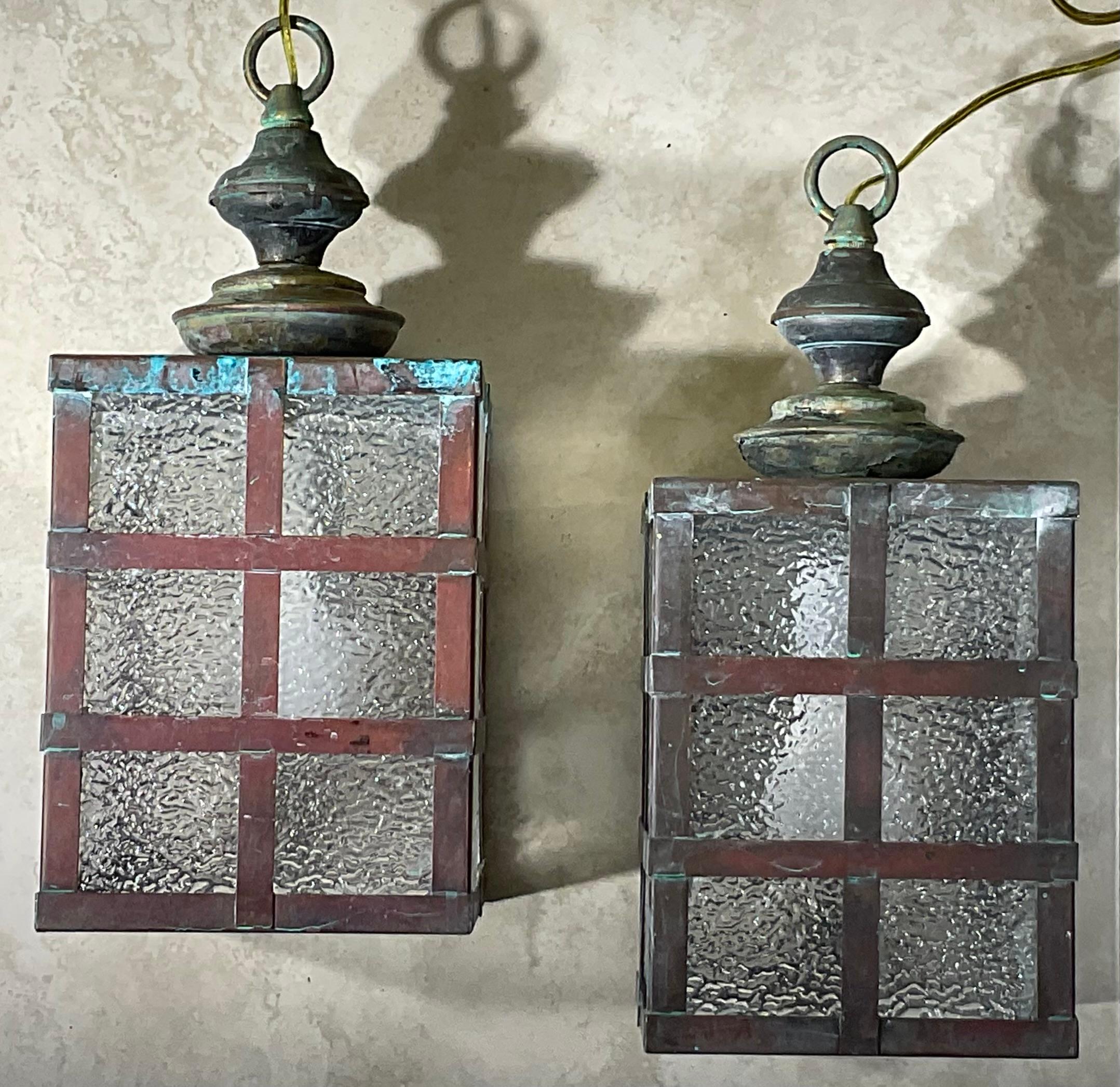 Small Pair of Vintage Square Copper and Brass Ceiling Lanterns 13”.5 x 6” For Sale 6