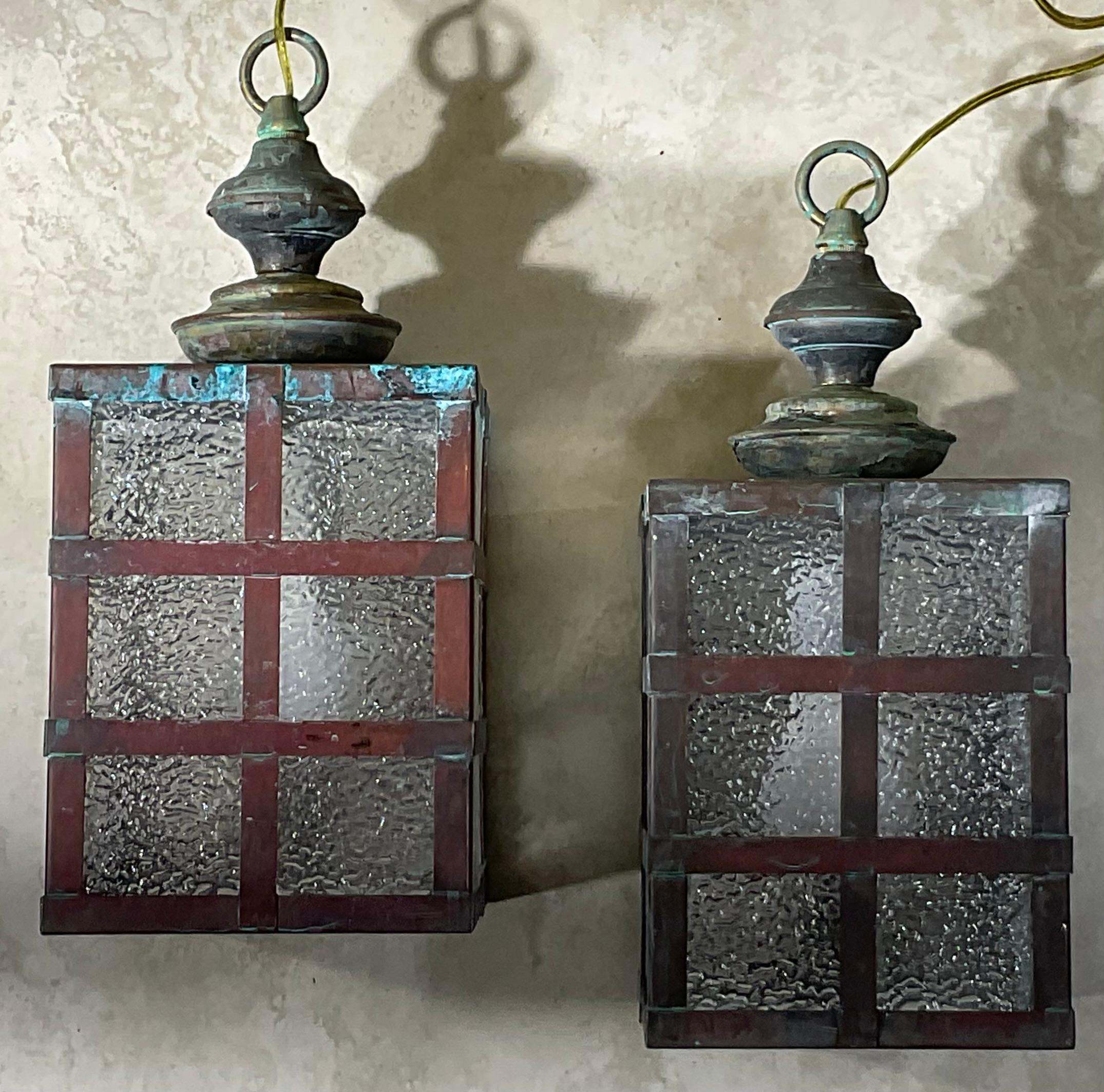 Small Pair of Vintage Square Copper and Brass Ceiling Lanterns 13”.5 x 6” For Sale 7