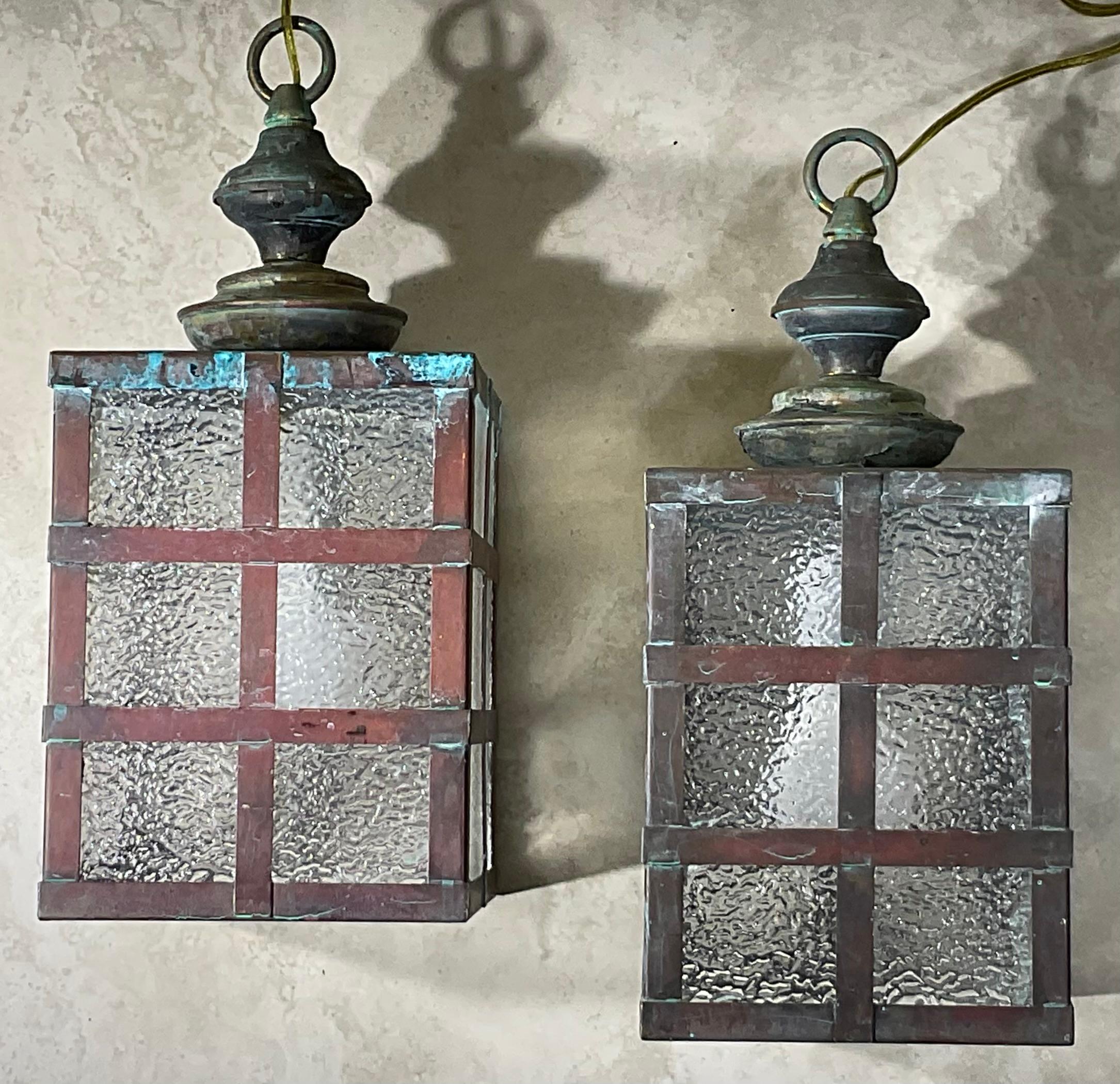 Small Pair of Vintage Square Copper and Brass Ceiling Lanterns 13”.5 x 6” For Sale 8