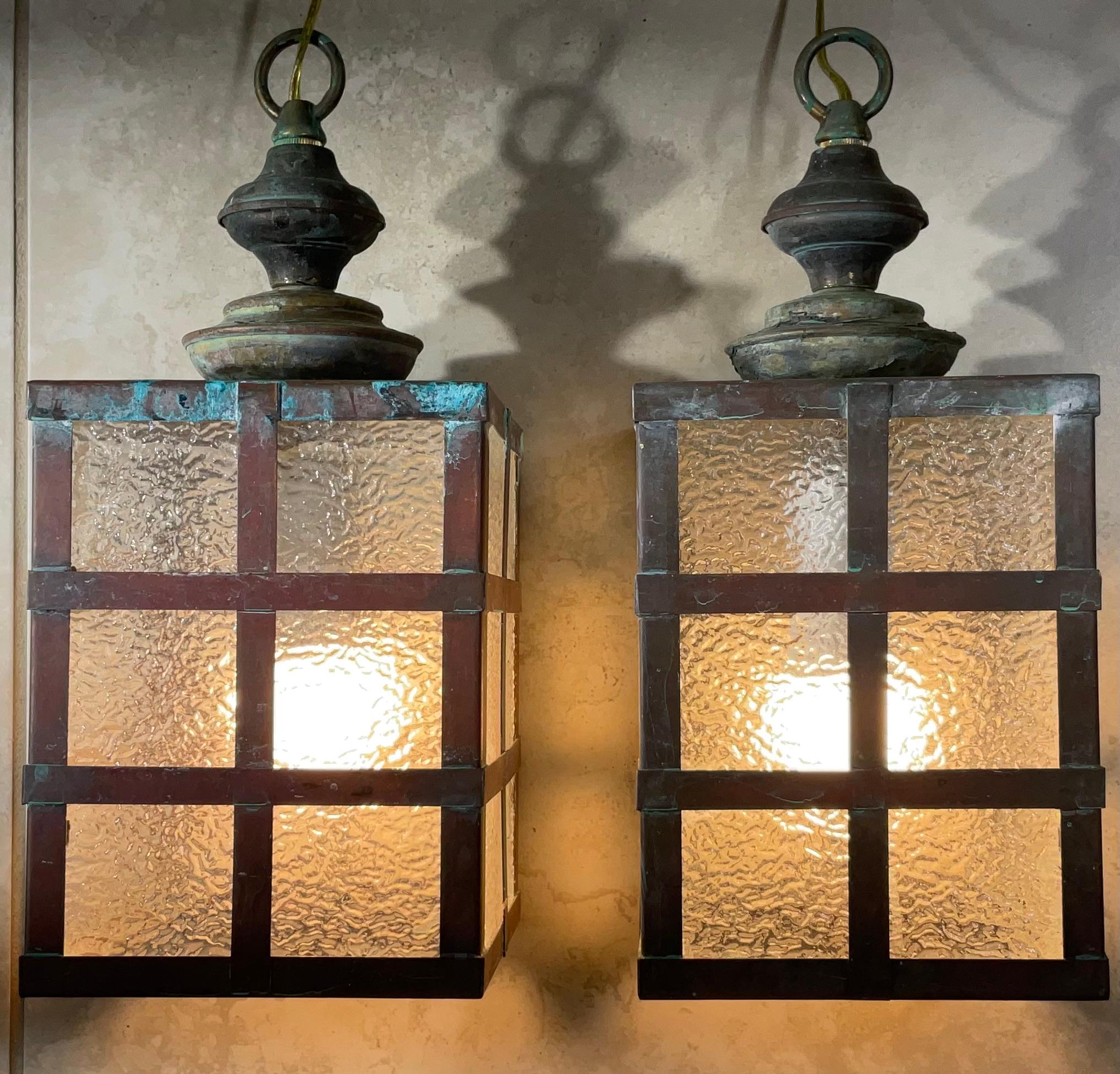 Small Pair of Vintage Square Copper and Brass Ceiling Lanterns 13”.5 x 6” For Sale 9