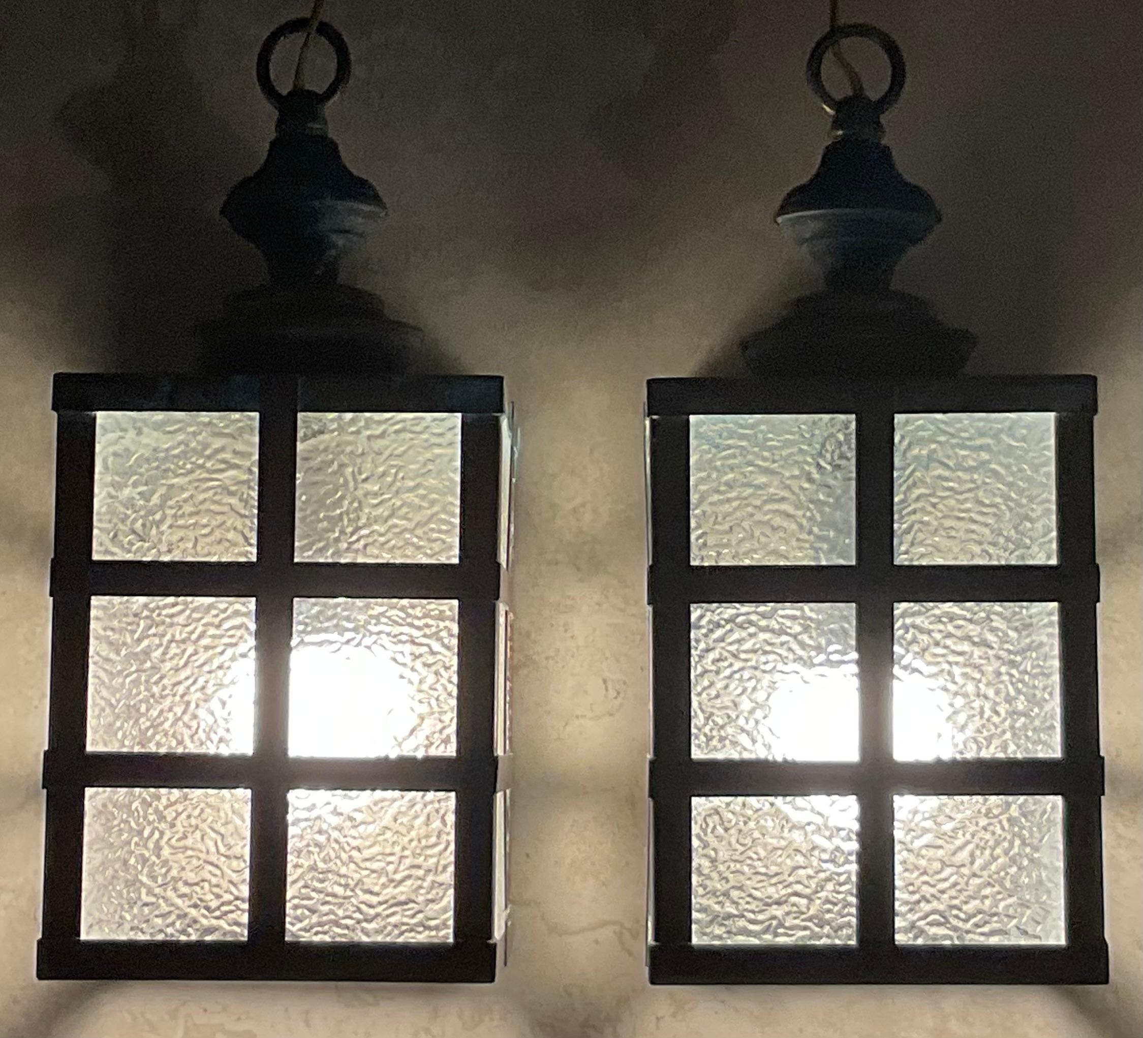 American Small Pair of Vintage Square Copper and Brass Ceiling Lanterns 13”.5 x 6” For Sale