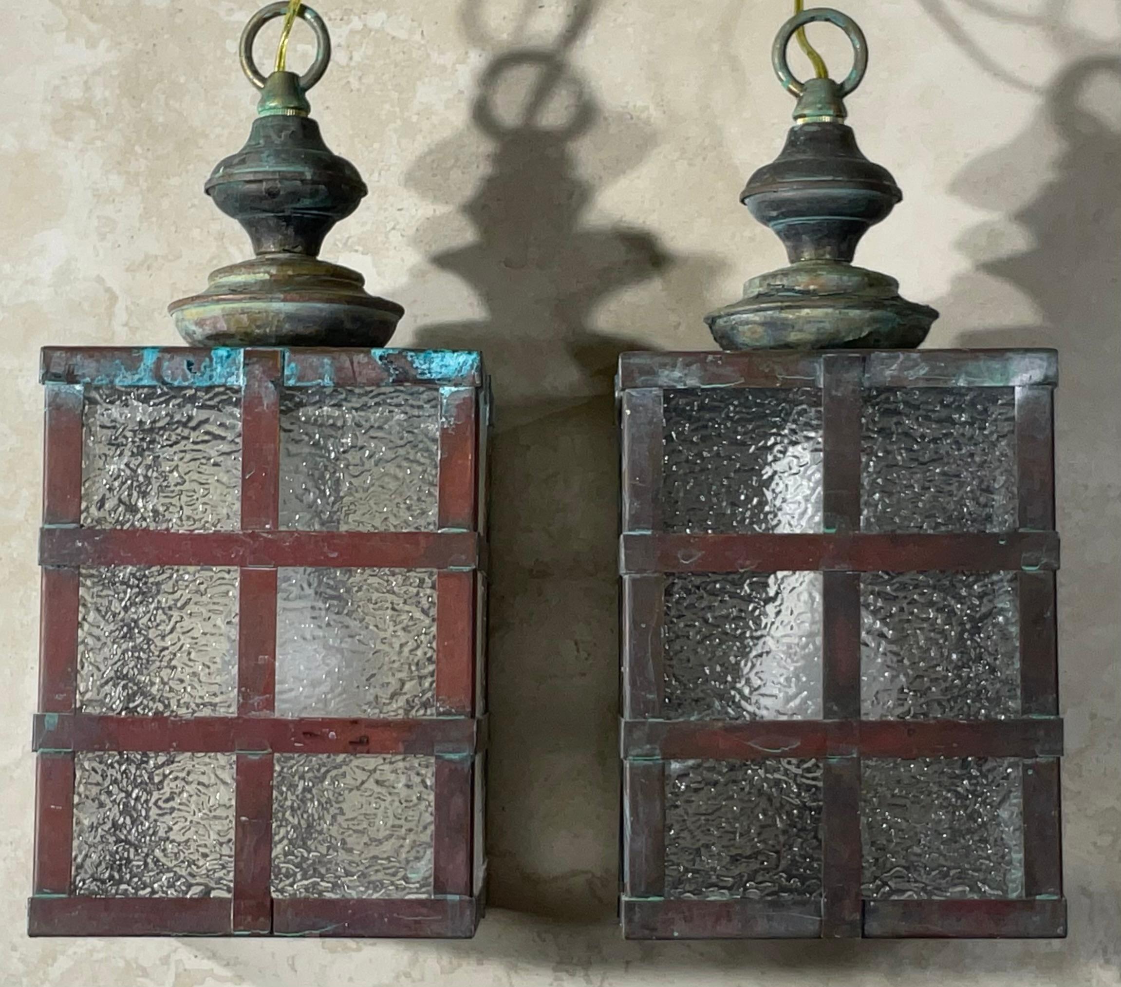 Hand-Crafted Small Pair of Vintage Square Copper and Brass Ceiling Lanterns 13”.5 x 6” For Sale