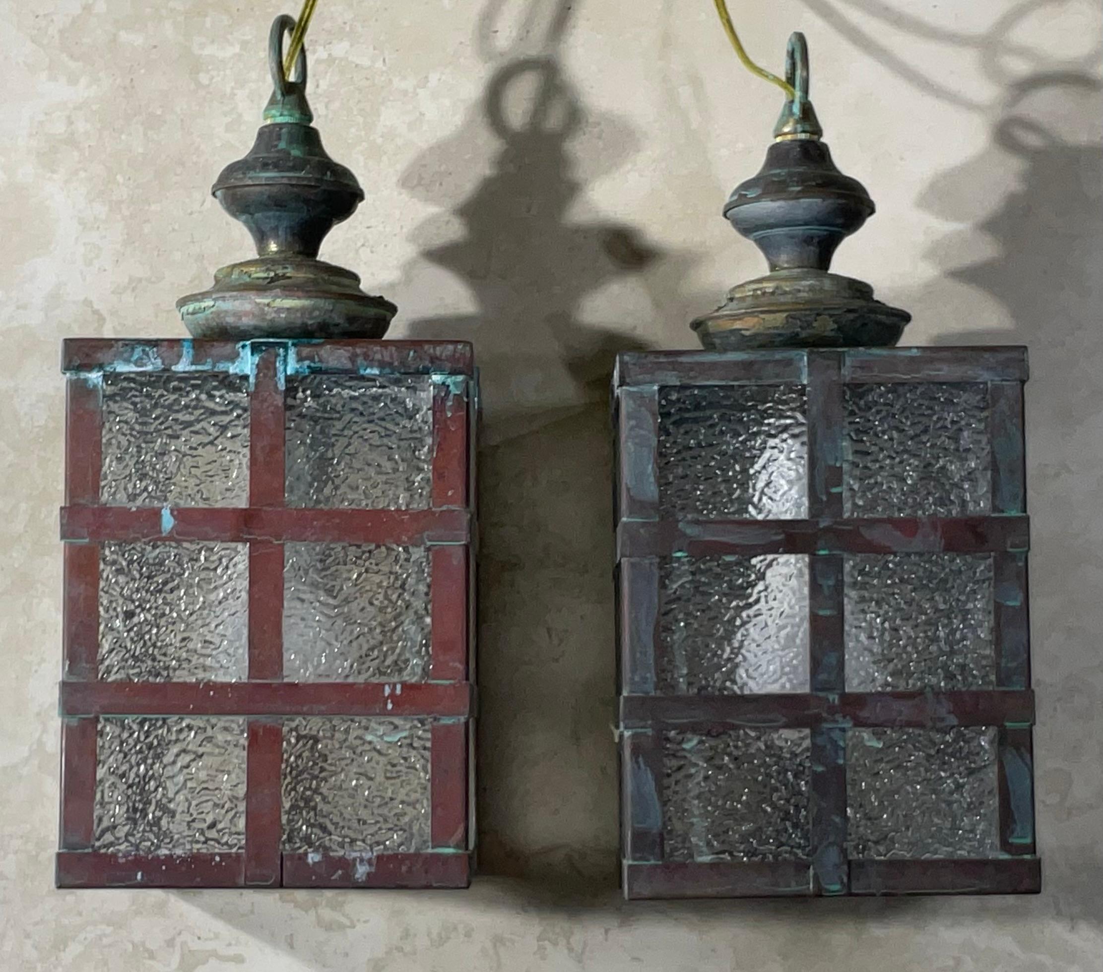 Small Pair of Vintage Square Copper and Brass Ceiling Lanterns 13”.5 x 6” In Good Condition For Sale In Delray Beach, FL