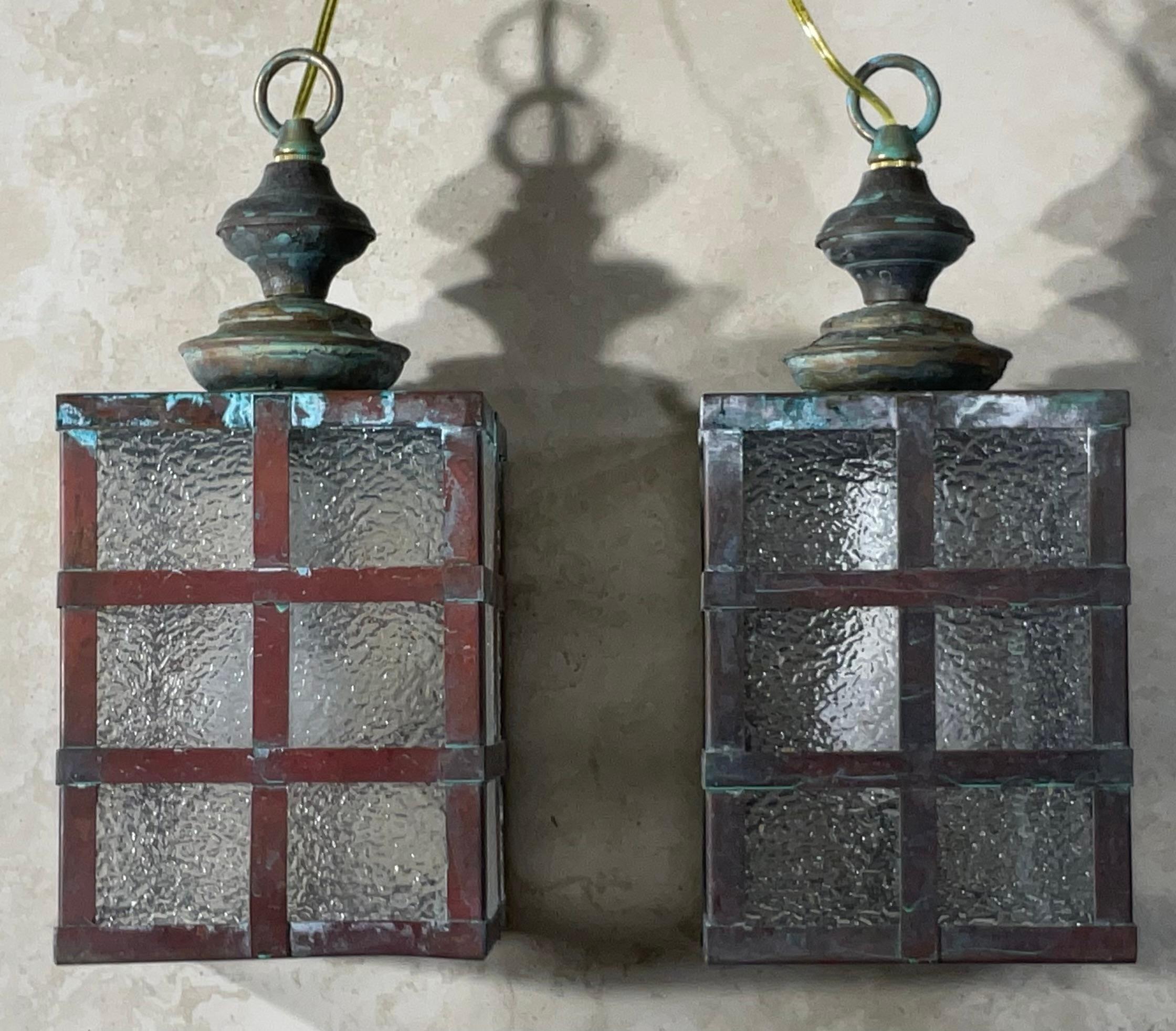 20th Century Small Pair of Vintage Square Copper and Brass Ceiling Lanterns 13”.5 x 6” For Sale