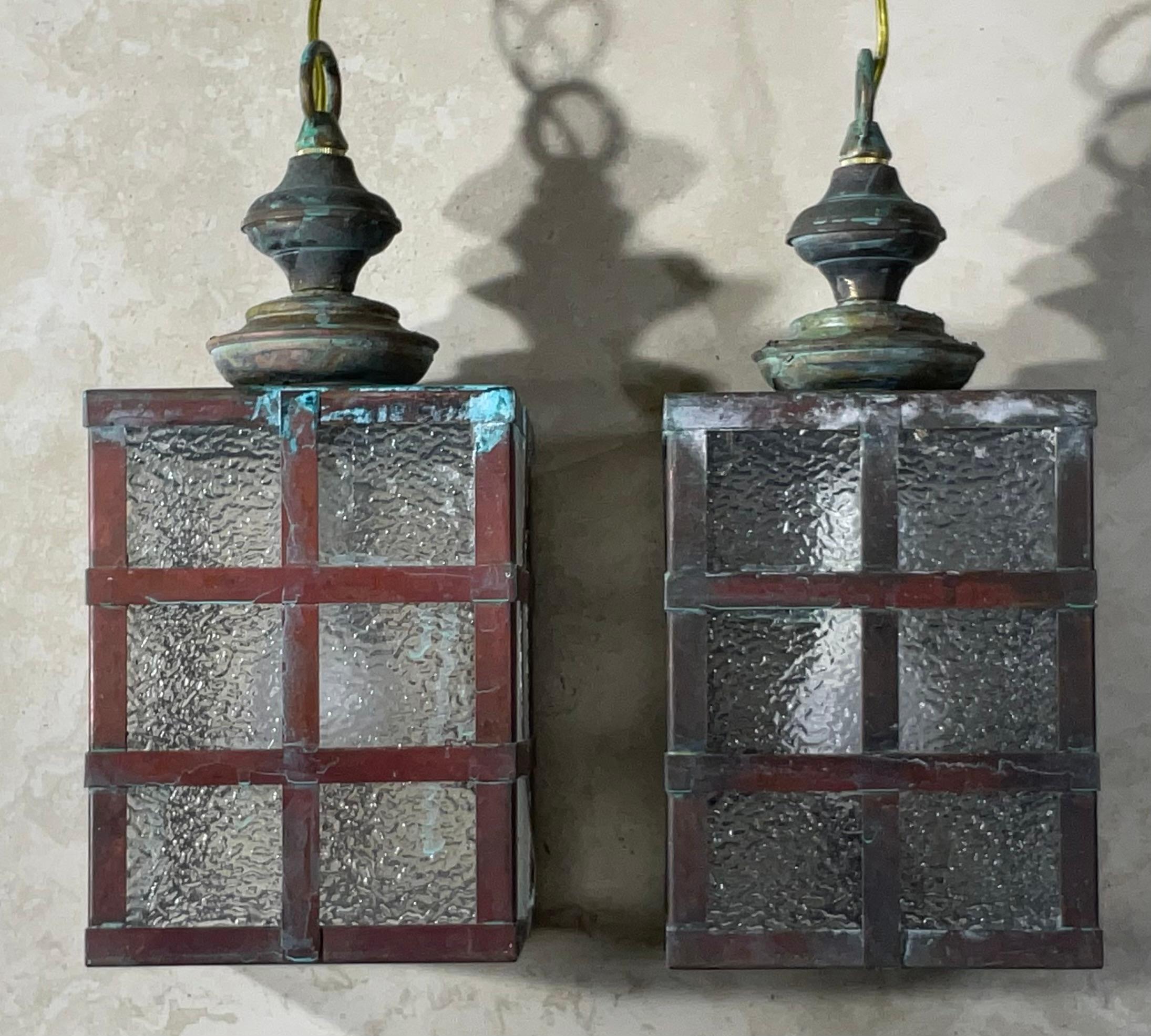 Small Pair of Vintage Square Copper and Brass Ceiling Lanterns 13”.5 x 6” For Sale 1