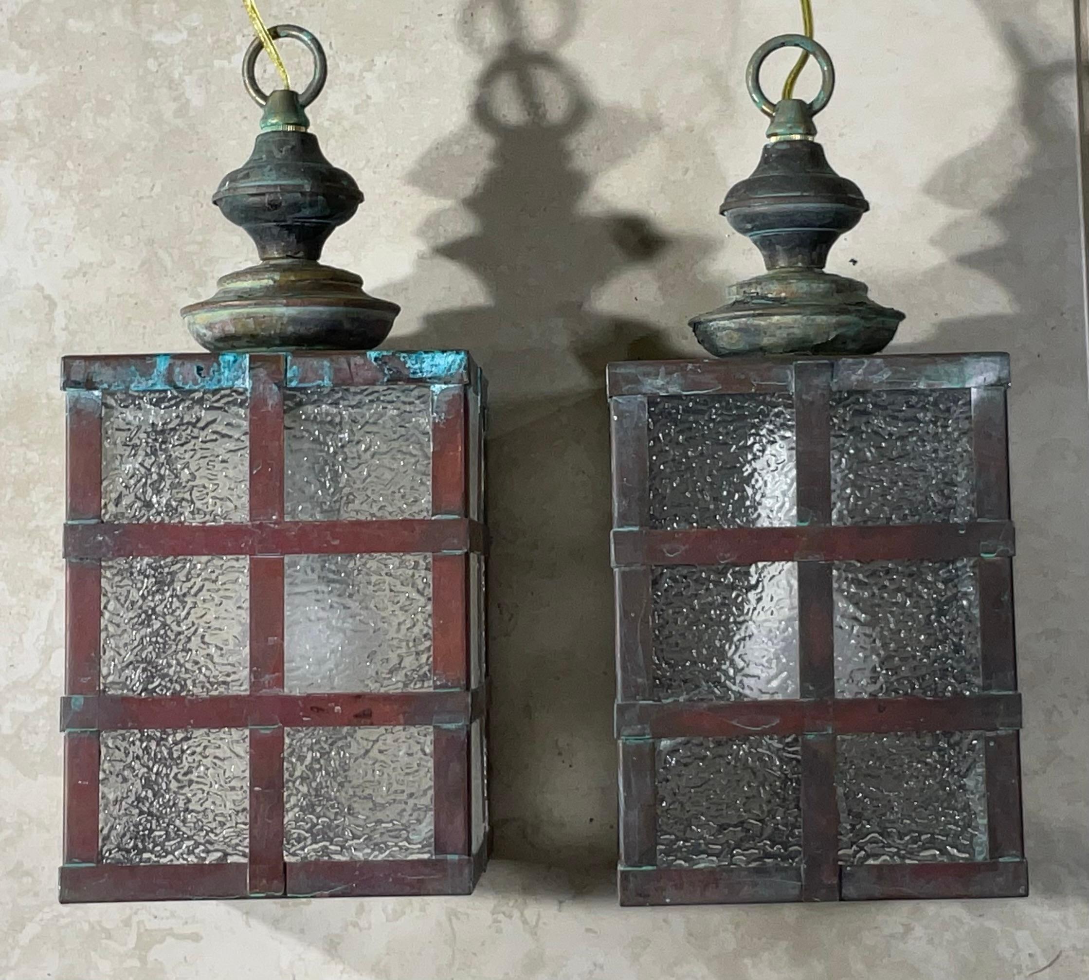 Small Pair of Vintage Square Copper and Brass Ceiling Lanterns 13”.5 x 6” For Sale 2