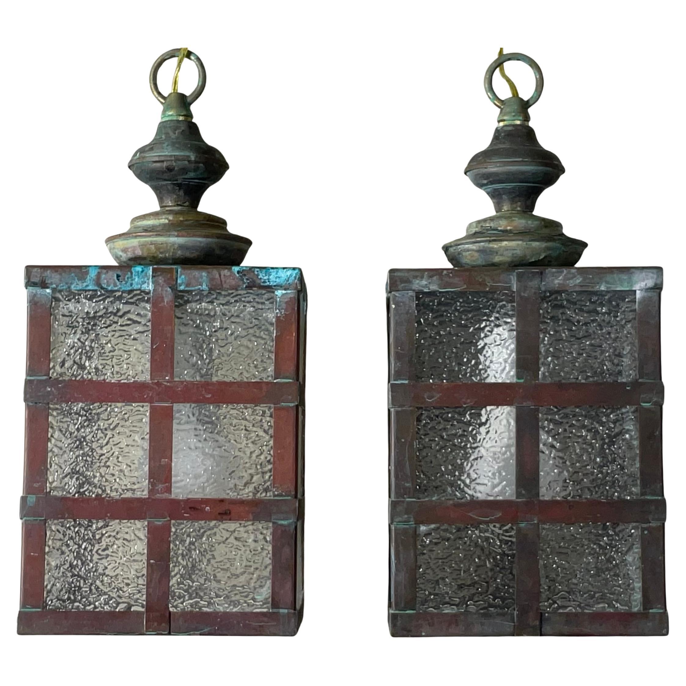 Small Pair of Vintage Square Copper and Brass Ceiling Lanterns 13”.5 x 6”