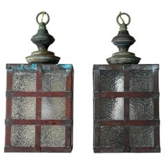 Small Pair of Vintage Square Copper and Brass Ceiling Lanterns 13”.5 x 6”