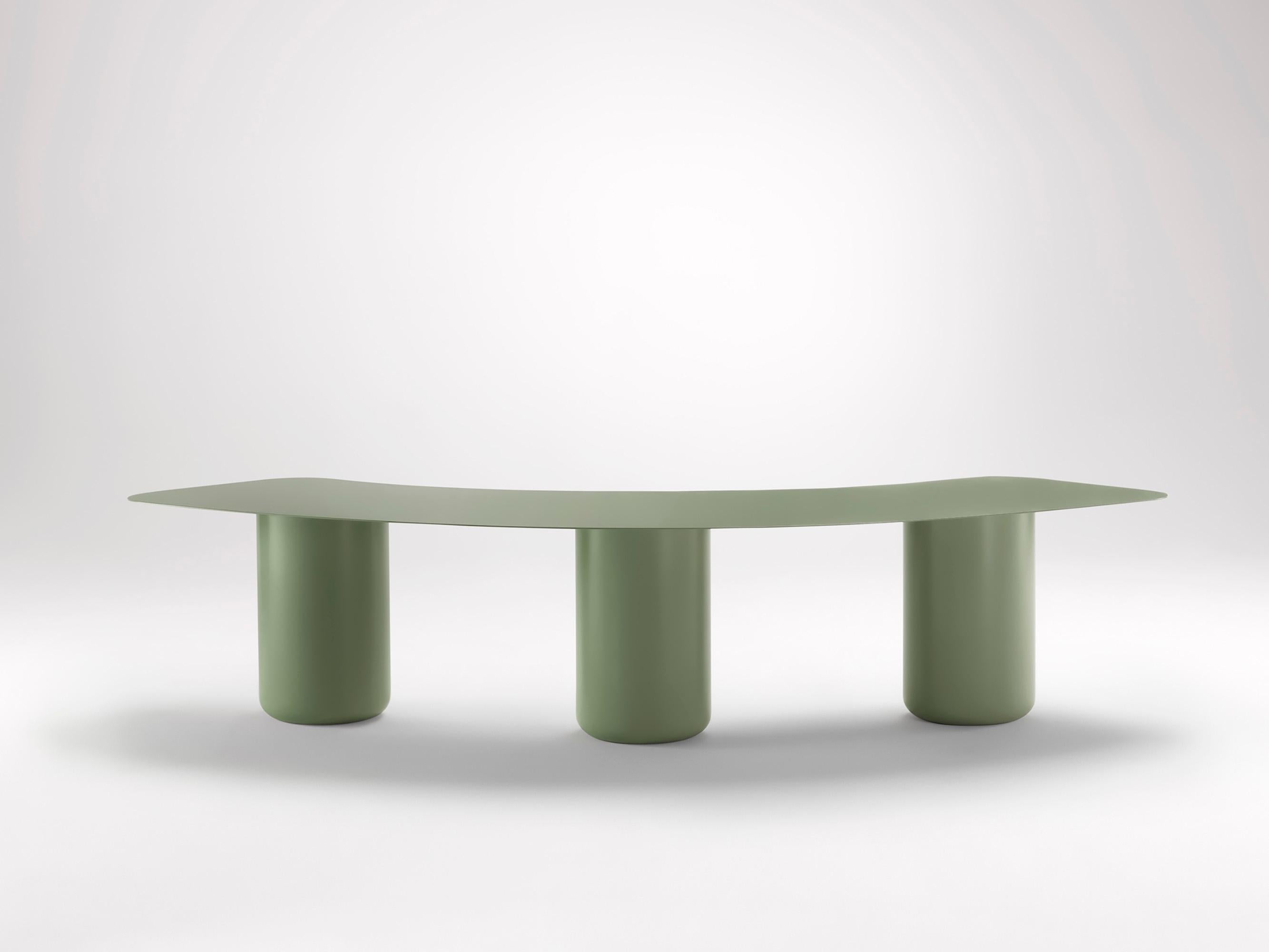 Small Pale Eucalypt Curved Bench by Coco Flip
Dimensions: D 65 x W 165 x H 42 cm
Materials: Mild steel, powder-coated with zinc undercoat. 
Weight: 42 kg

Coco Flip is a Melbourne based furniture and lighting design studio, run by us, Kate Stokes