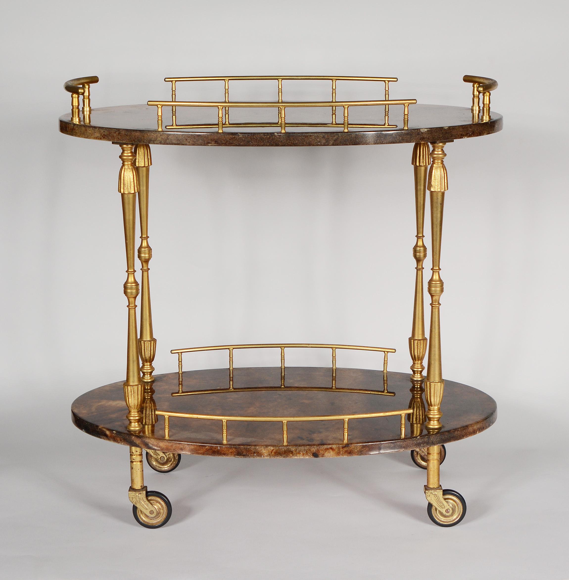 Mid-Century Modern Small Parchment and Gilt Brass Bar Cart by Aldo Tura