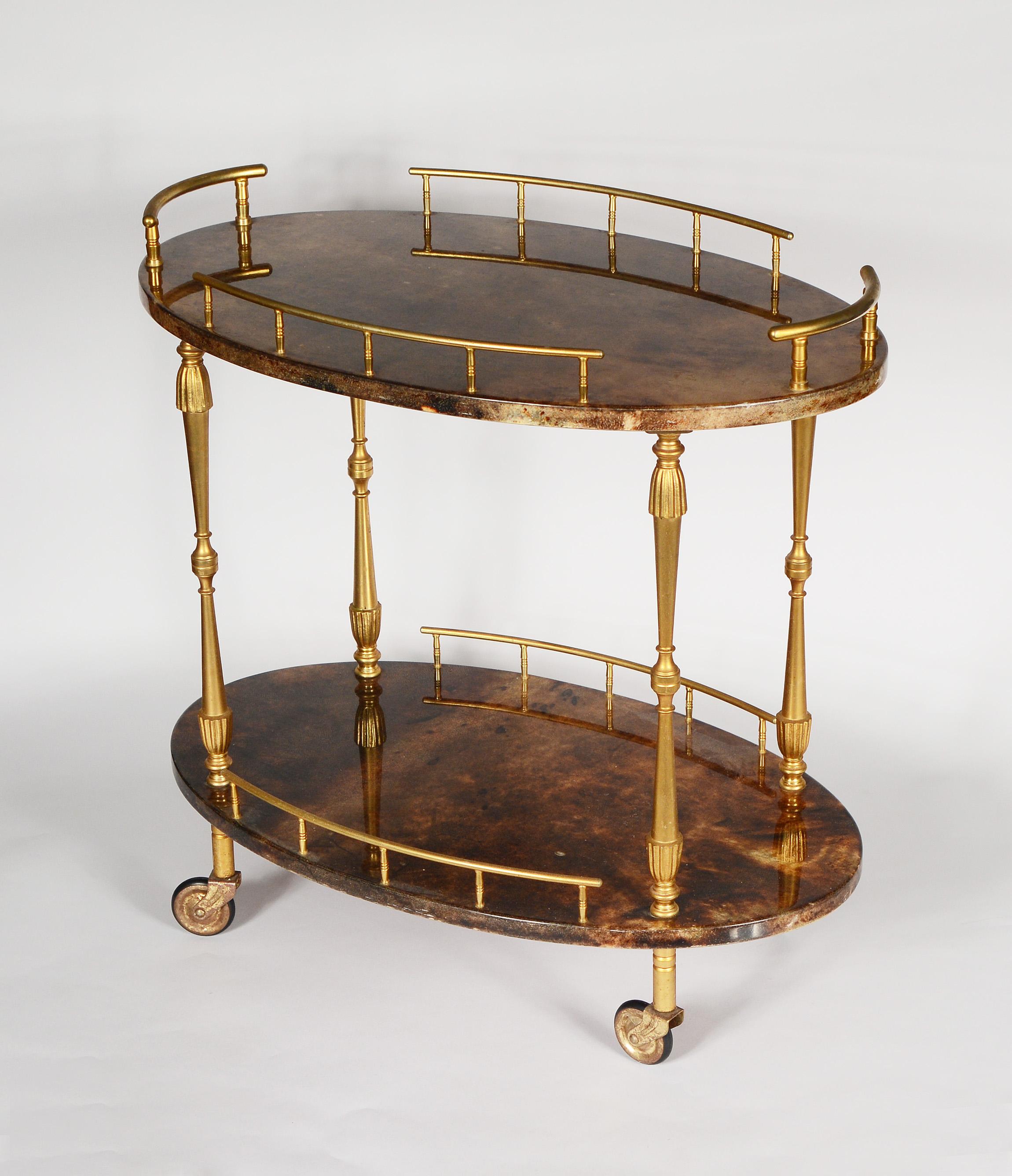 Italian Small Parchment and Gilt Brass Bar Cart by Aldo Tura