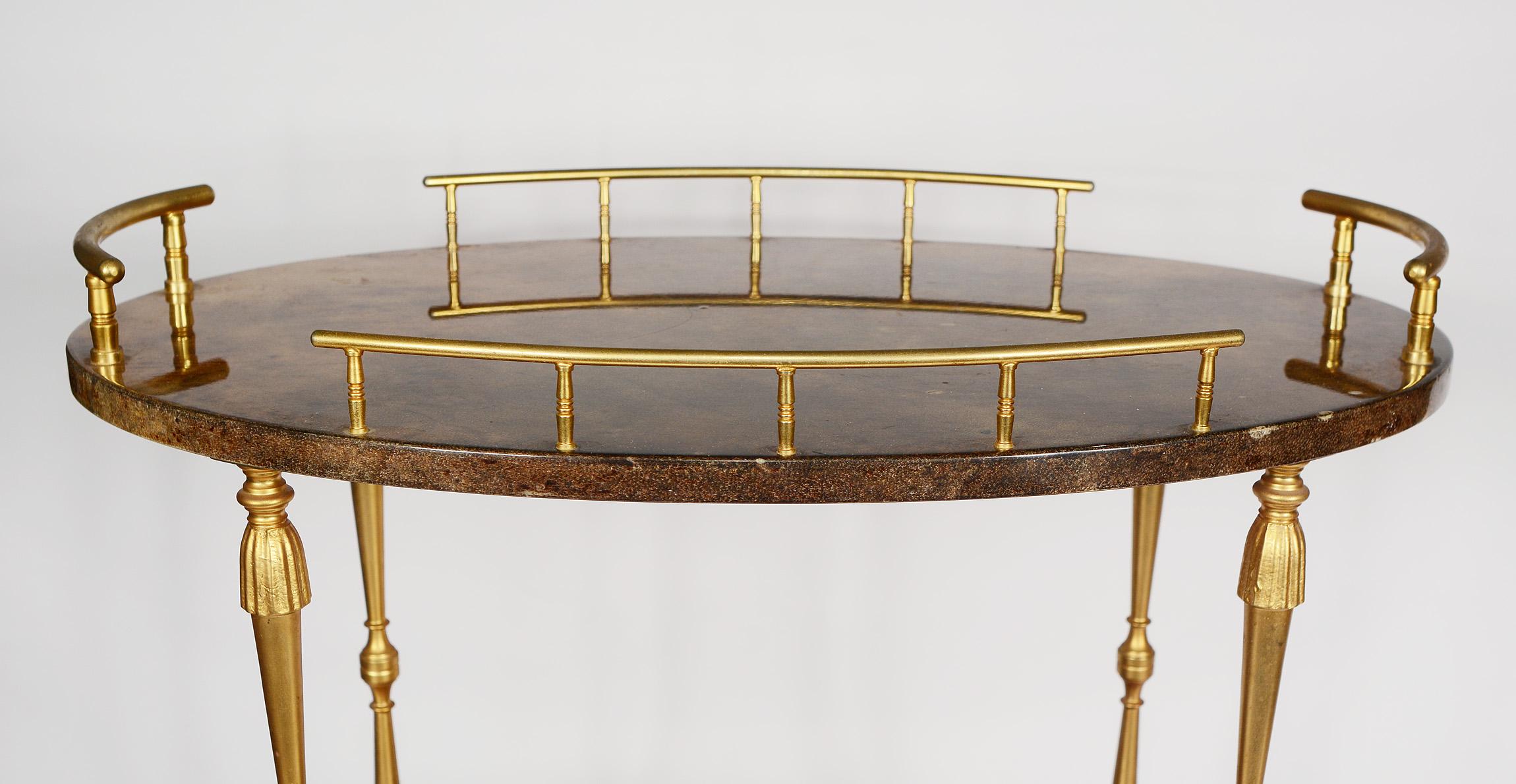 Small Parchment and Gilt Brass Bar Cart by Aldo Tura In Good Condition In San Mateo, CA