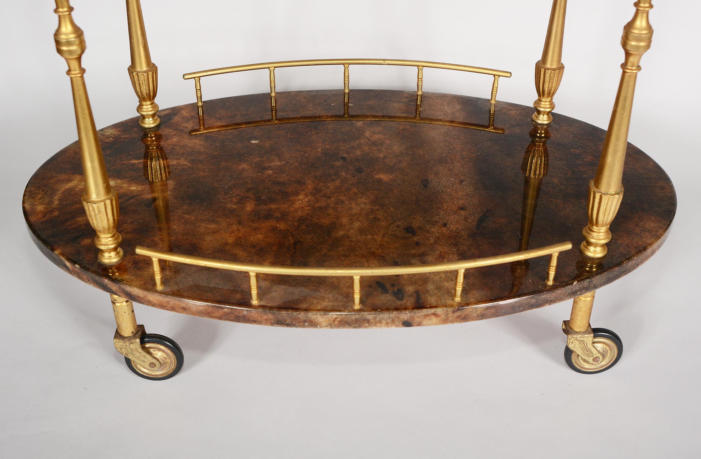 Mid-20th Century Small Parchment and Gilt Brass Bar Cart by Aldo Tura