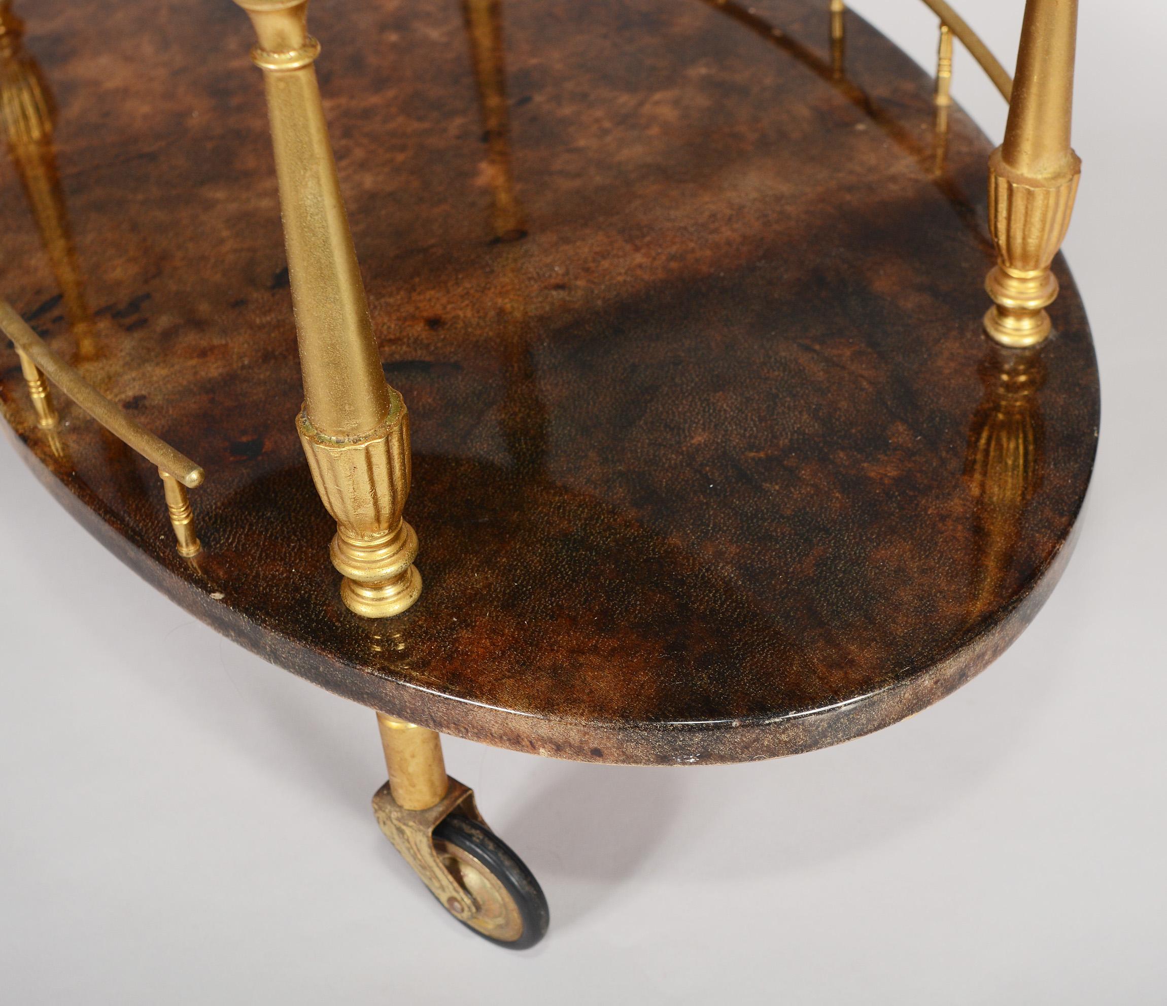 Small Parchment and Gilt Brass Bar Cart by Aldo Tura 2