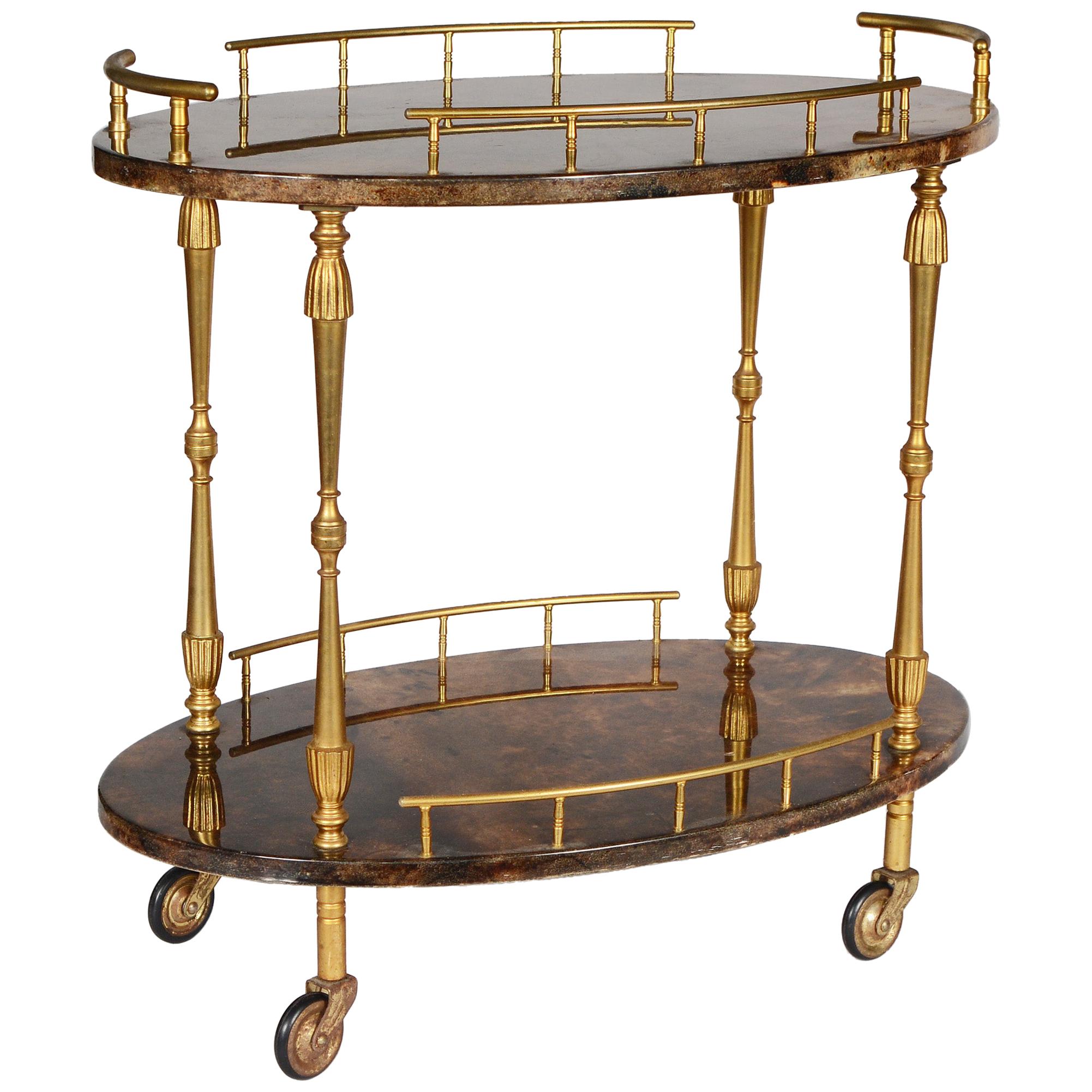 Small Parchment and Gilt Brass Bar Cart by Aldo Tura