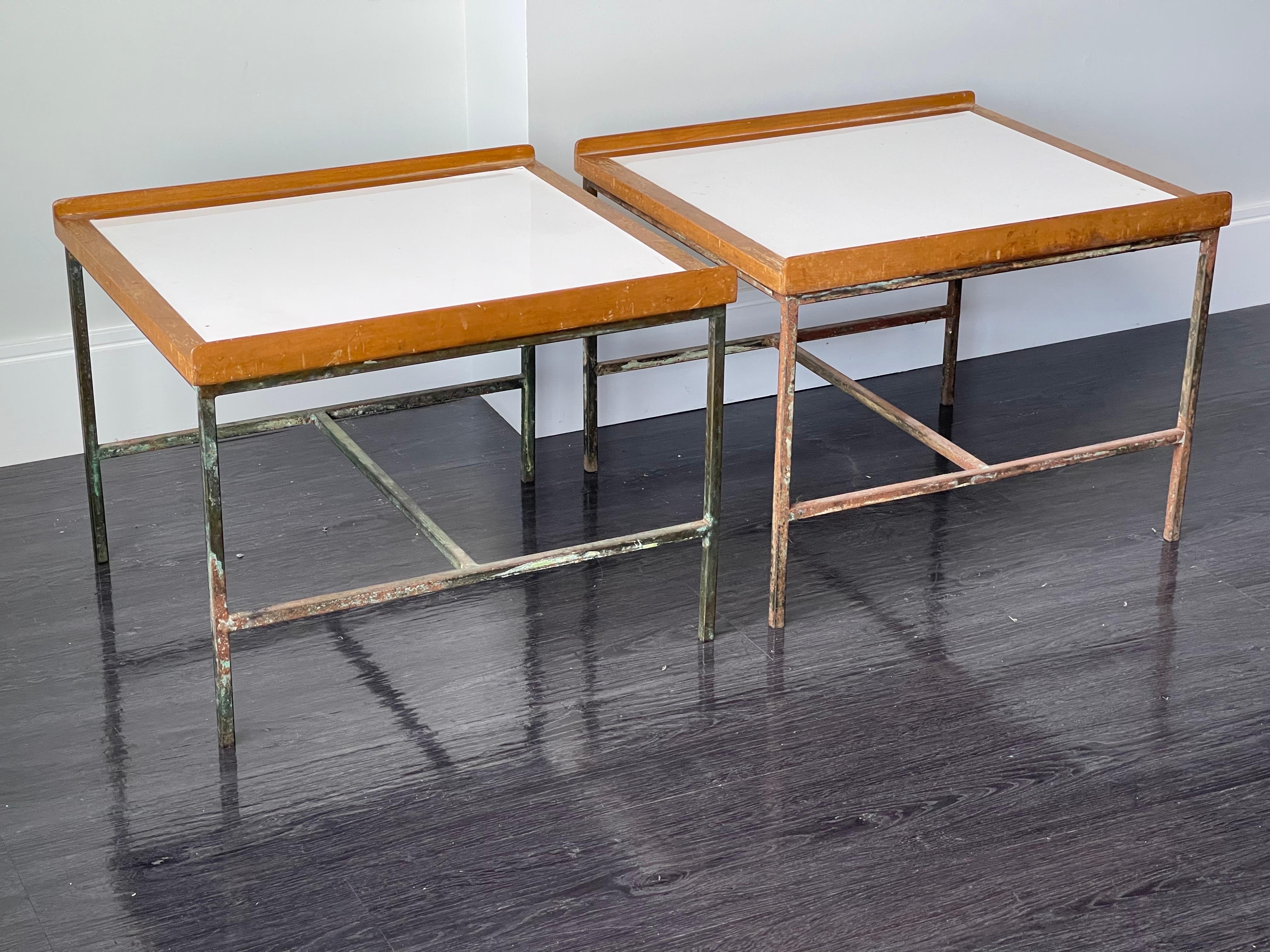 Small Patinated Architectural Side Tables with White Laminate Brass & Wood For Sale 11