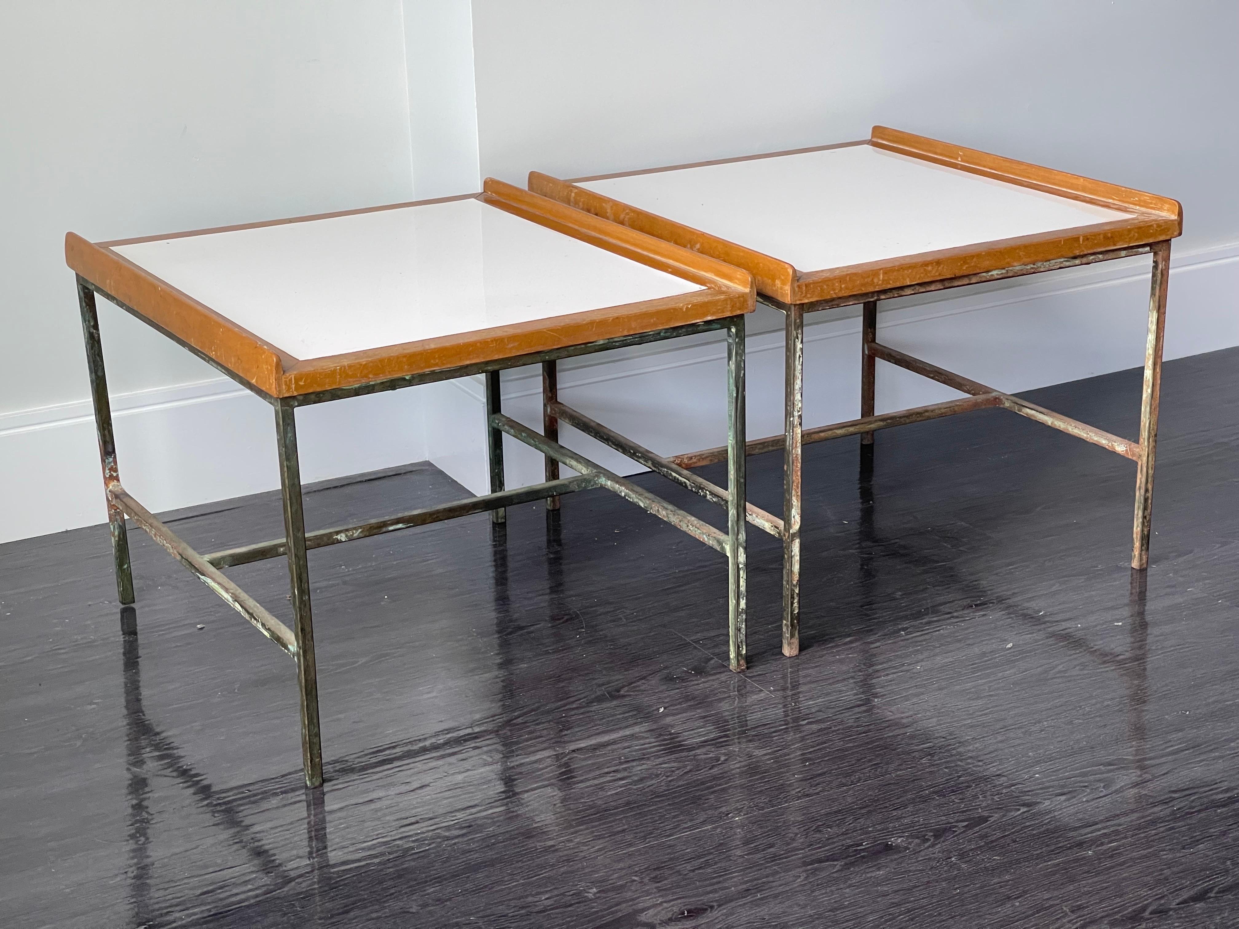 Small Patinated Architectural Side Tables with White Laminate Brass & Wood For Sale 12