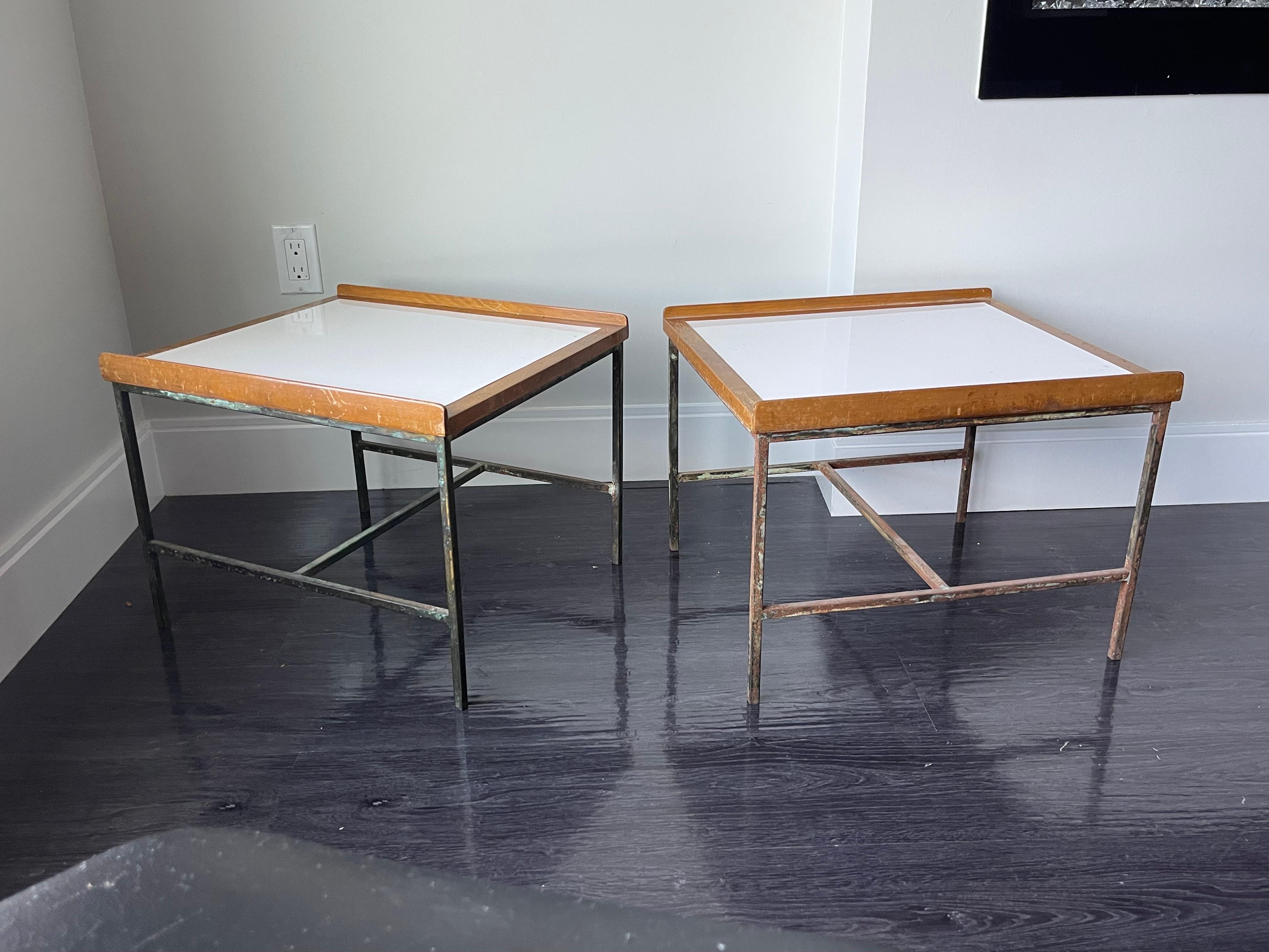 Rare set of midcentury patinated architectural diminutive side tables after Paul McCobb and Harvey Probber. These also look like William Armbrister for Knoll. Very well made, with heavily patinated solid brass legs, showing decades of patina,