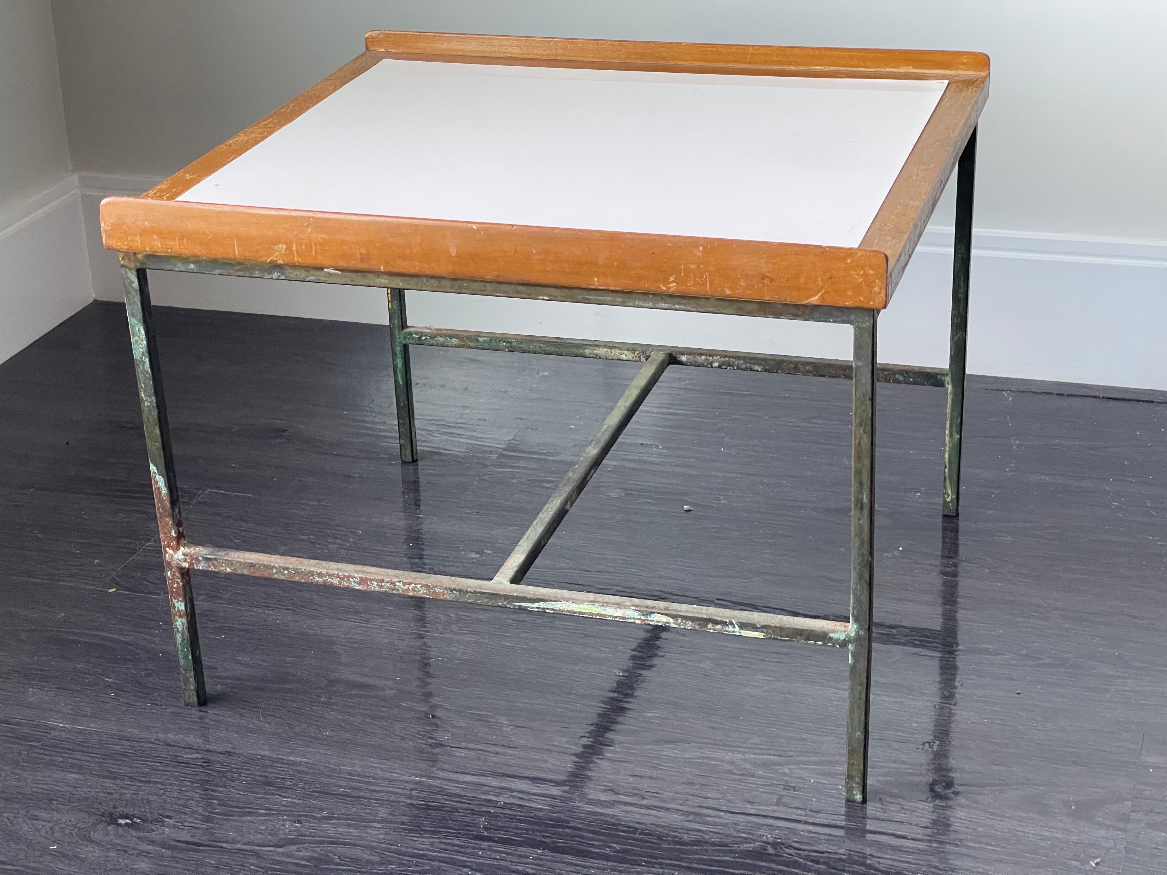 Mid-20th Century Small Patinated Architectural Side Tables with White Laminate Brass & Wood For Sale