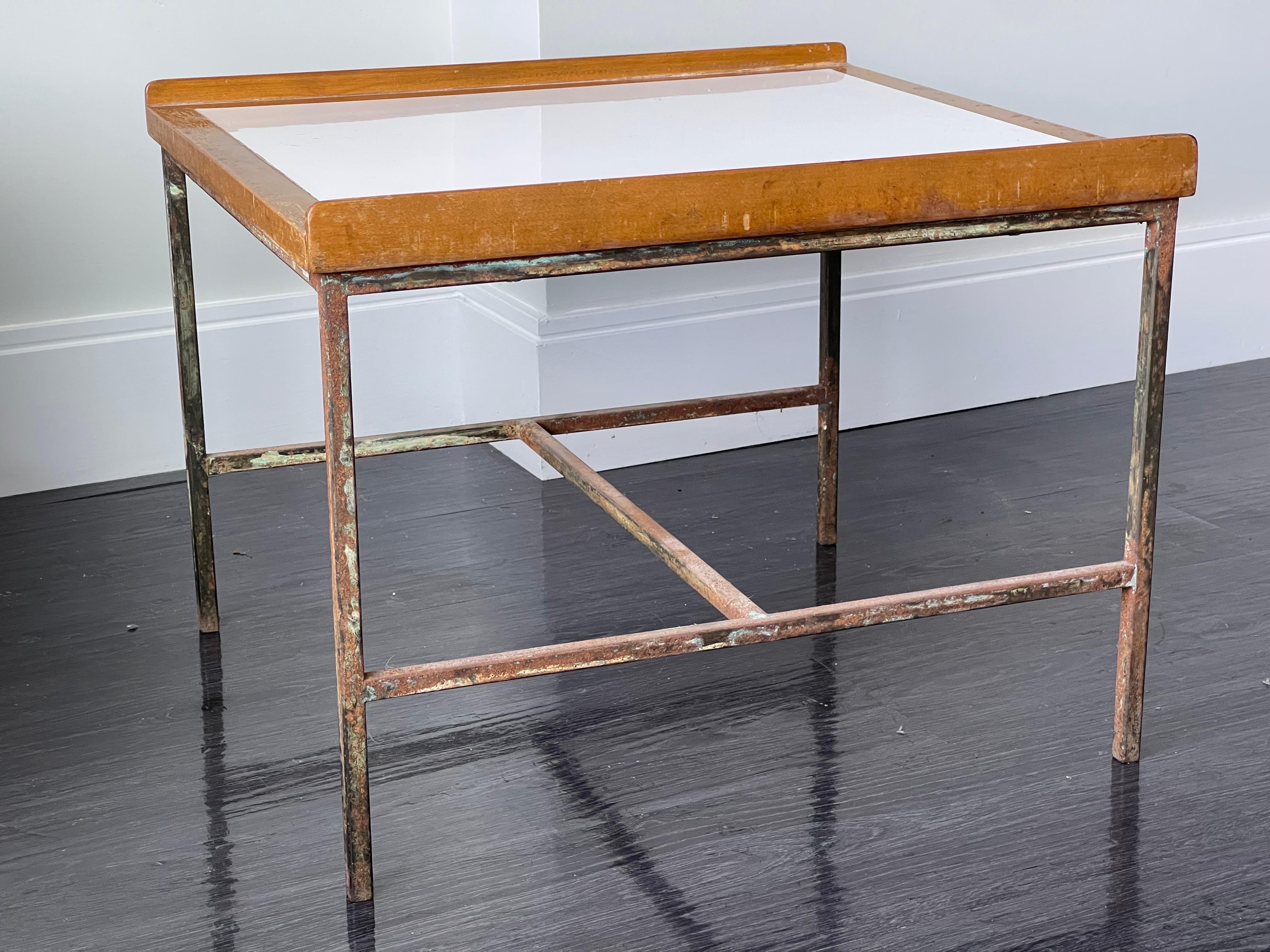 Small Patinated Architectural Side Tables with White Laminate Brass & Wood For Sale 3