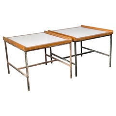 Small Patinated Architectural Side Tables with White Laminate Brass & Wood