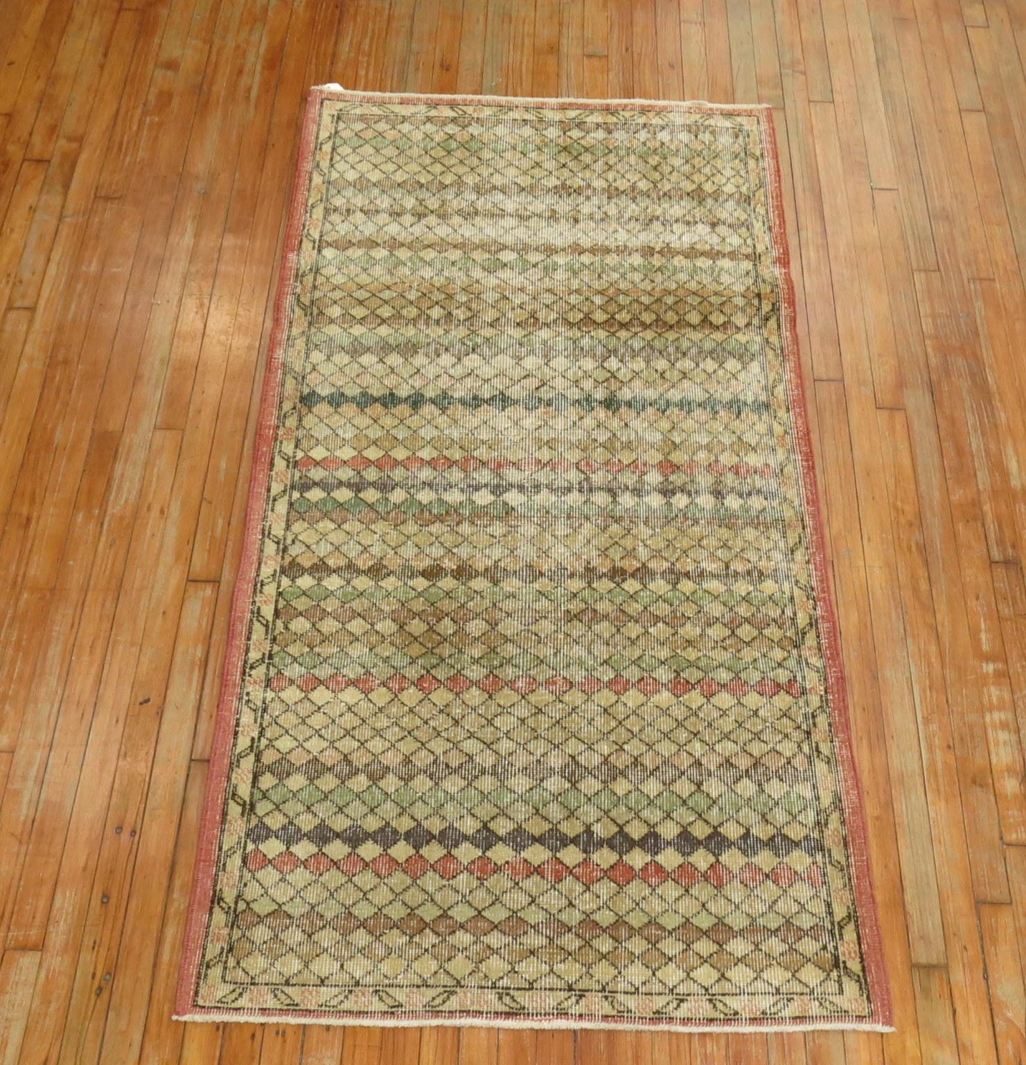 Small Pattern Turkish Deco Runner In Fair Condition For Sale In New York, NY