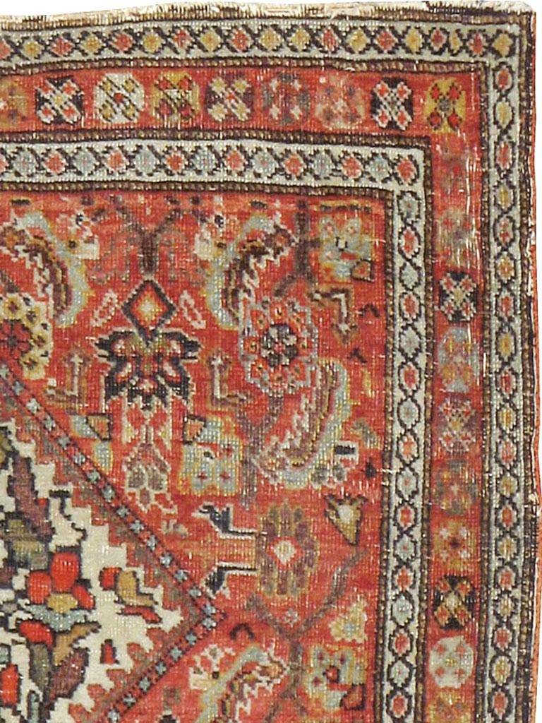 Rustic Small Persian Fereghan Folk Rug in Rust and Ivory