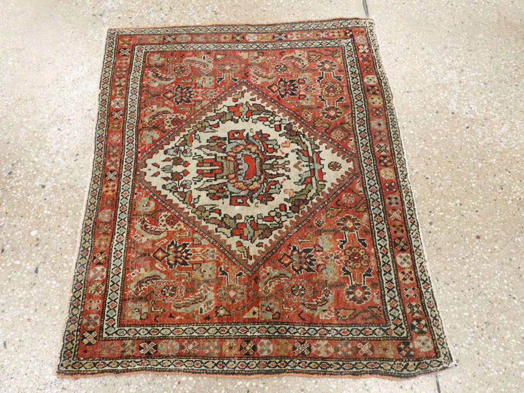 Hand-Knotted Small Persian Fereghan Folk Rug in Rust and Ivory