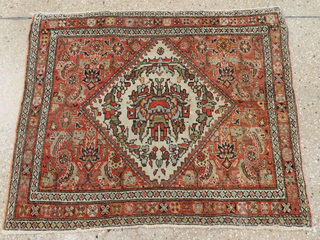 Wool Small Persian Fereghan Folk Rug in Rust and Ivory
