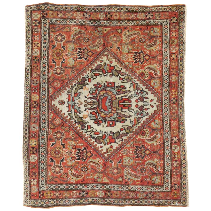 Small Persian Fereghan Folk Rug in Rust and Ivory