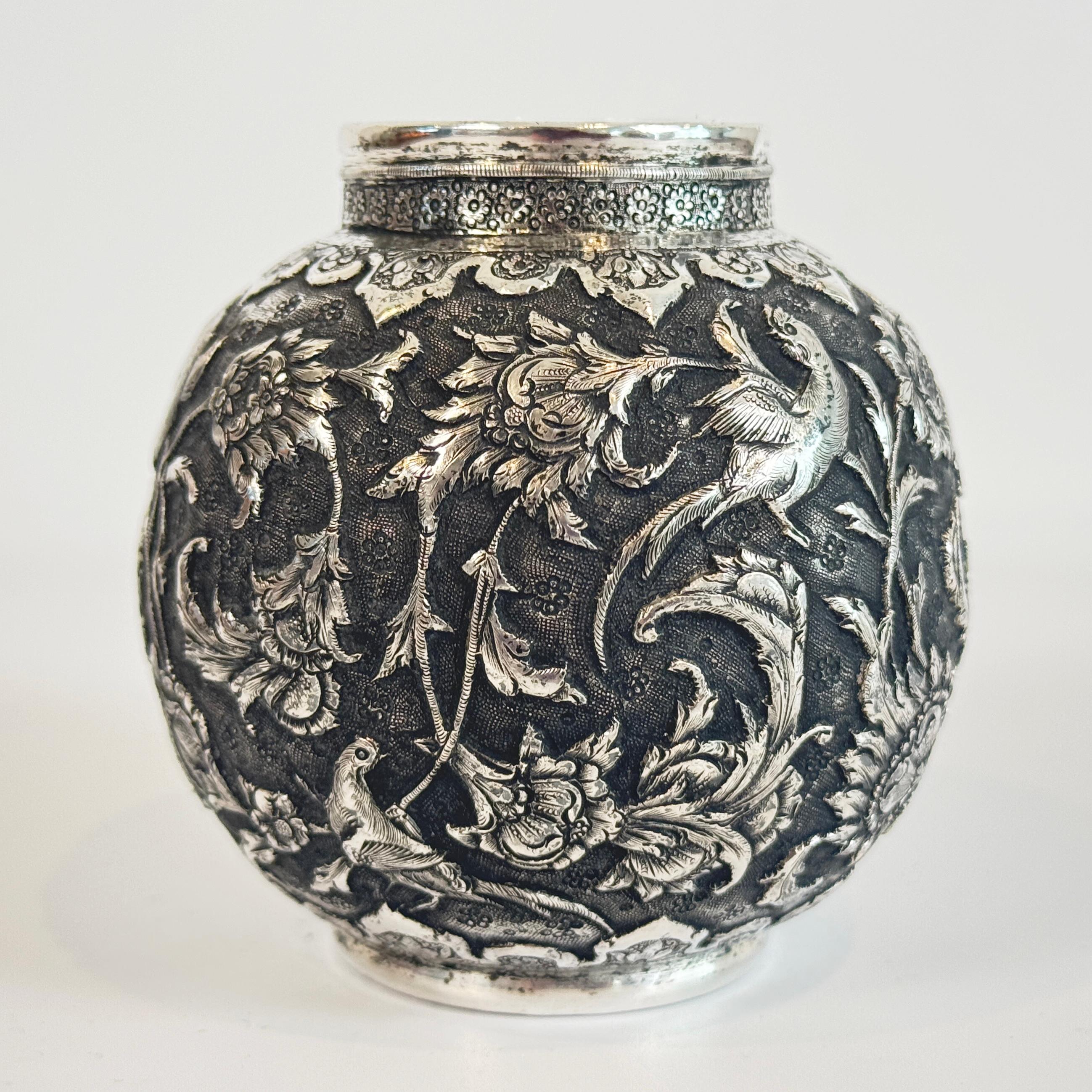 Small Persian Silver Repousse Decorated Vase In Good Condition For Sale In Philadelphia, PA