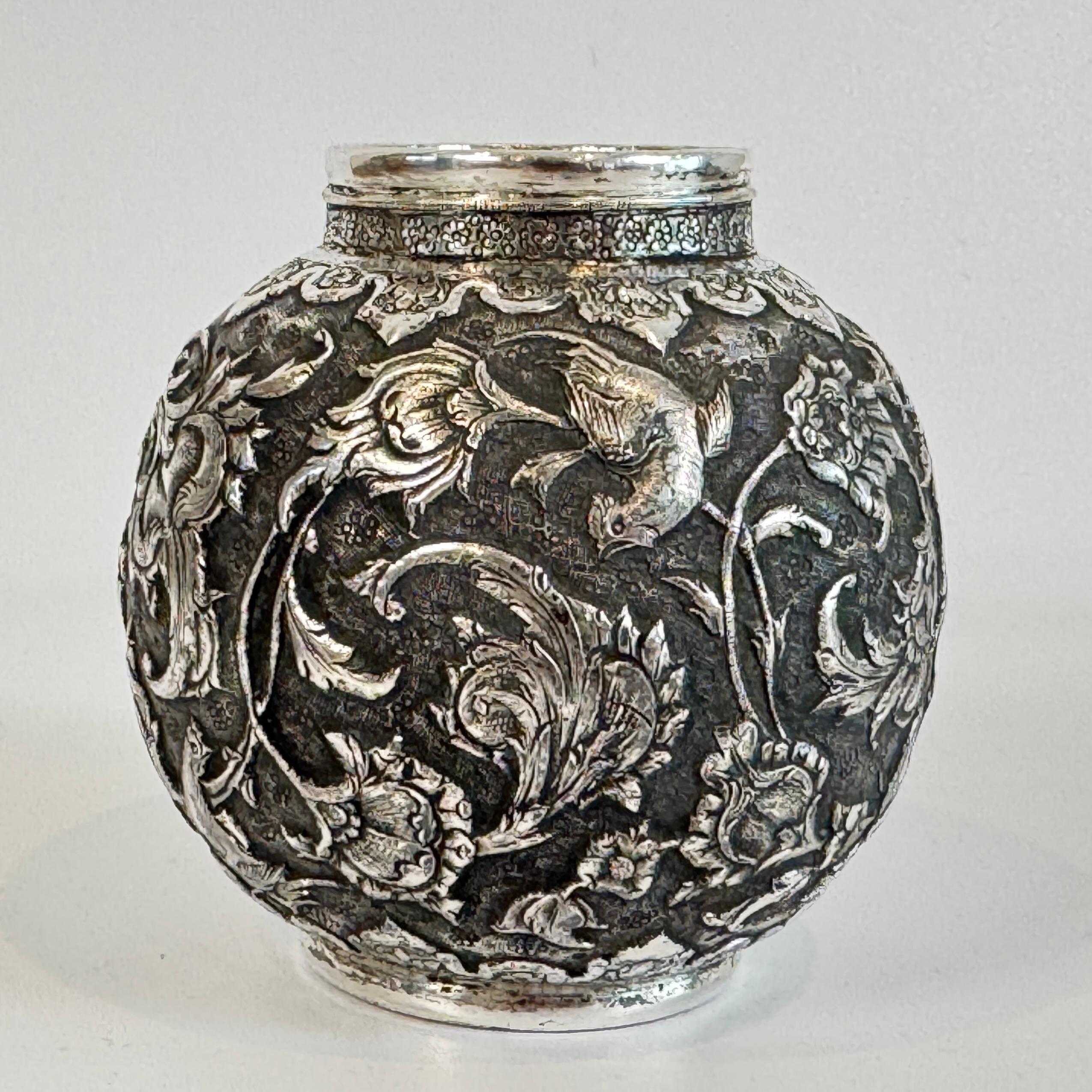 20th Century Small Persian Silver Repousse Decorated Vase For Sale
