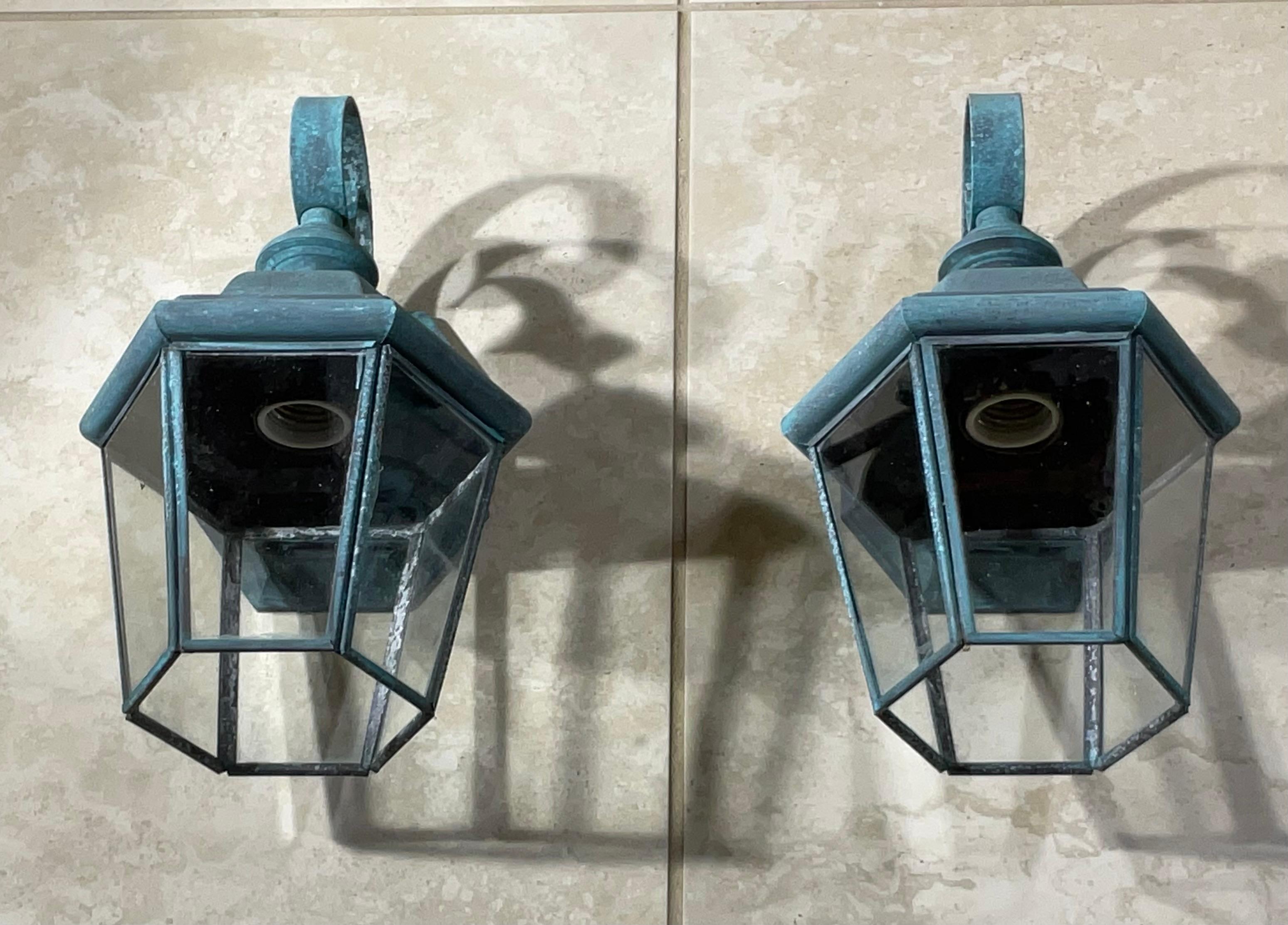 20th Century Small /Petit  Funky Pair of vintage Solid Brass Lanterns - 11” High x 6”W x 5”D For Sale