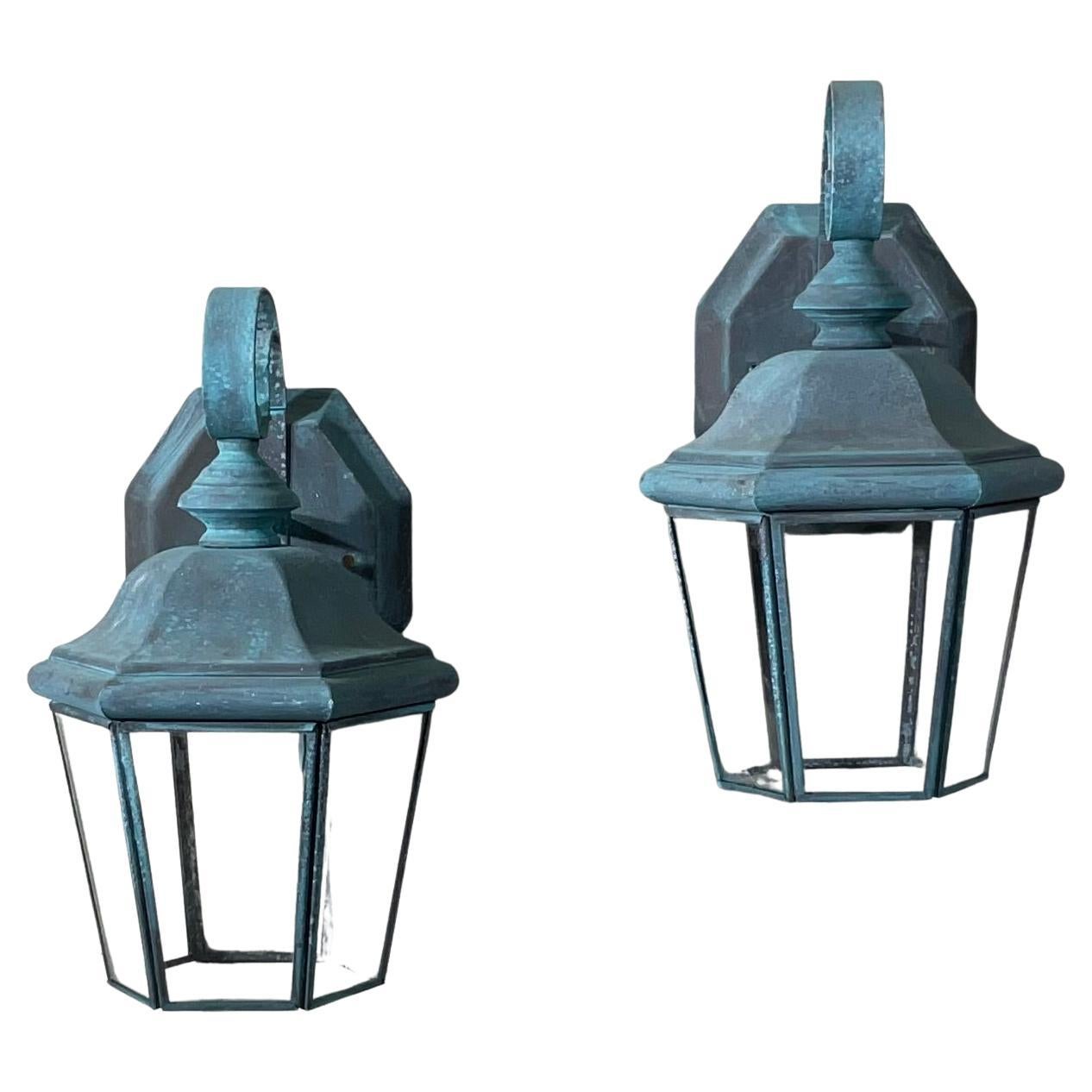 Small /Petit  Funky Pair of vintage Solid Brass Lanterns - 11” High x 6”W x 5”D For Sale