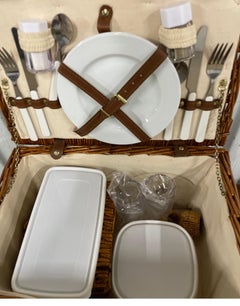 Vintage Wicker Picnic Basket for Two, Complete Set