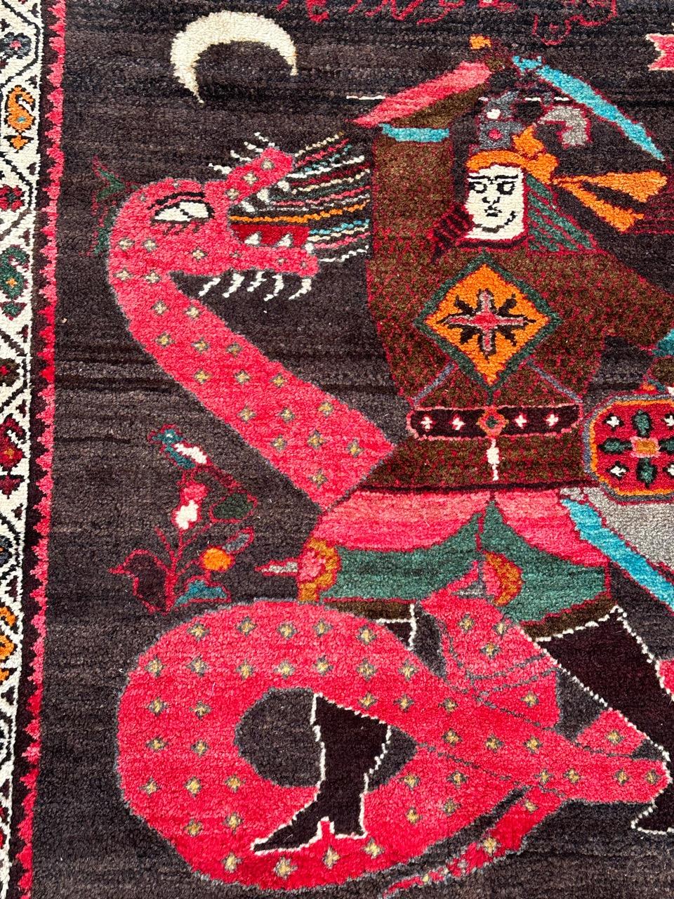 Pequeña alfombra kurda vintage pictórica Malayer en venta