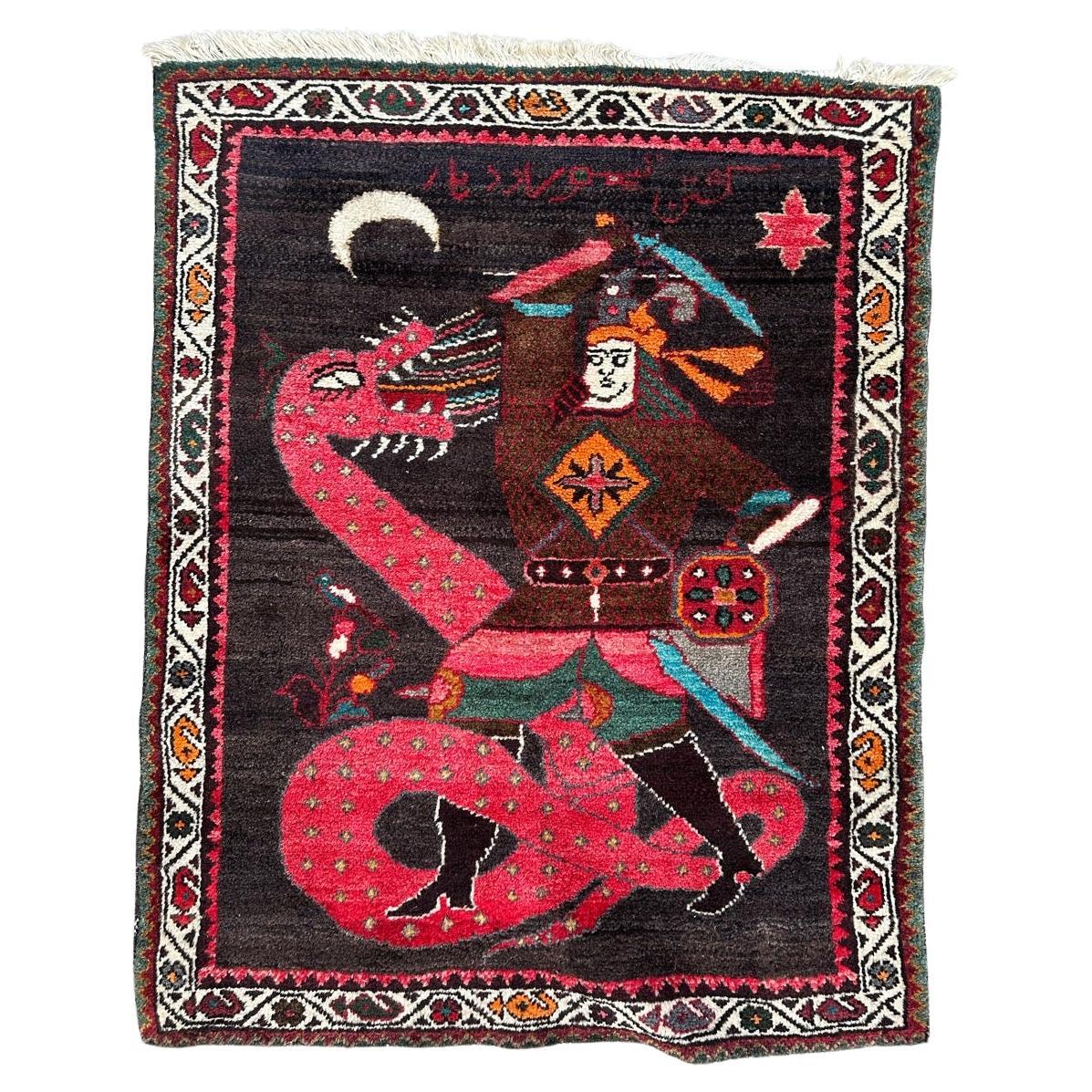 Pequeña alfombra kurda vintage pictórica en venta
