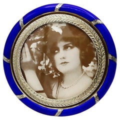 Petit cadre photo émaillé bleu rond et incurvé style Salimbeni