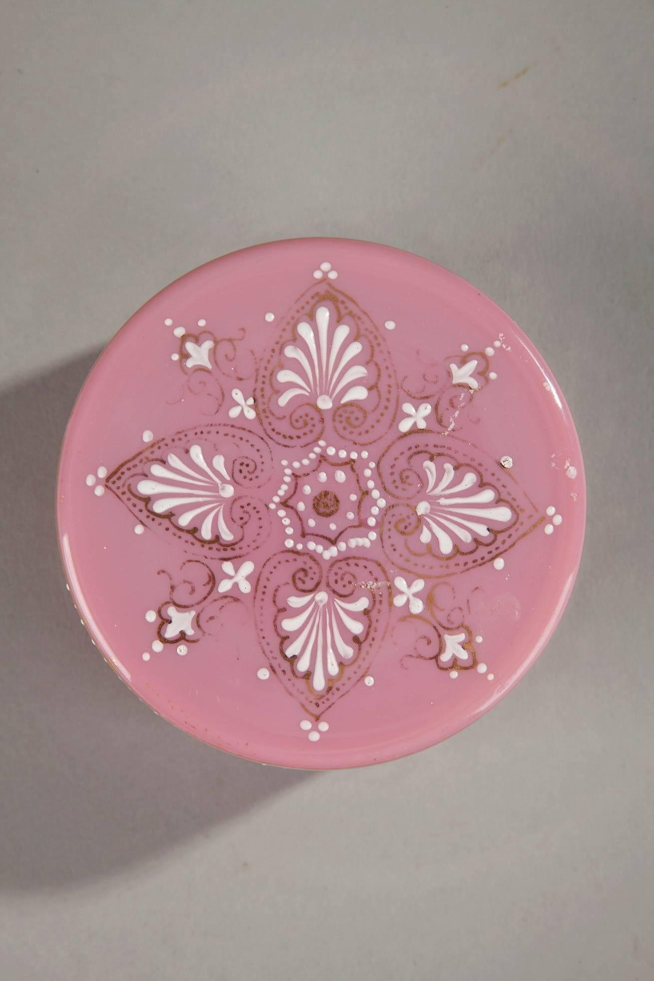 French Small Pink Opaline Box with Empire Motifs