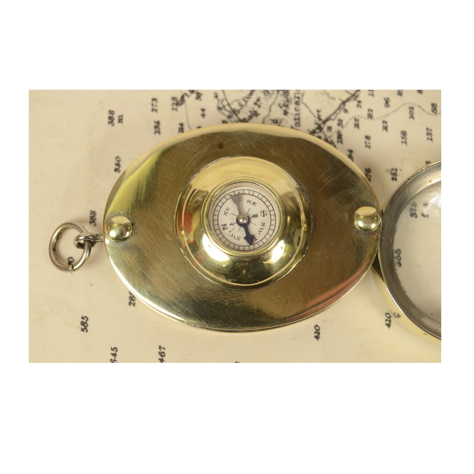British Small Pocket Compass Made of Brass with Magnifying Glass, 1930s