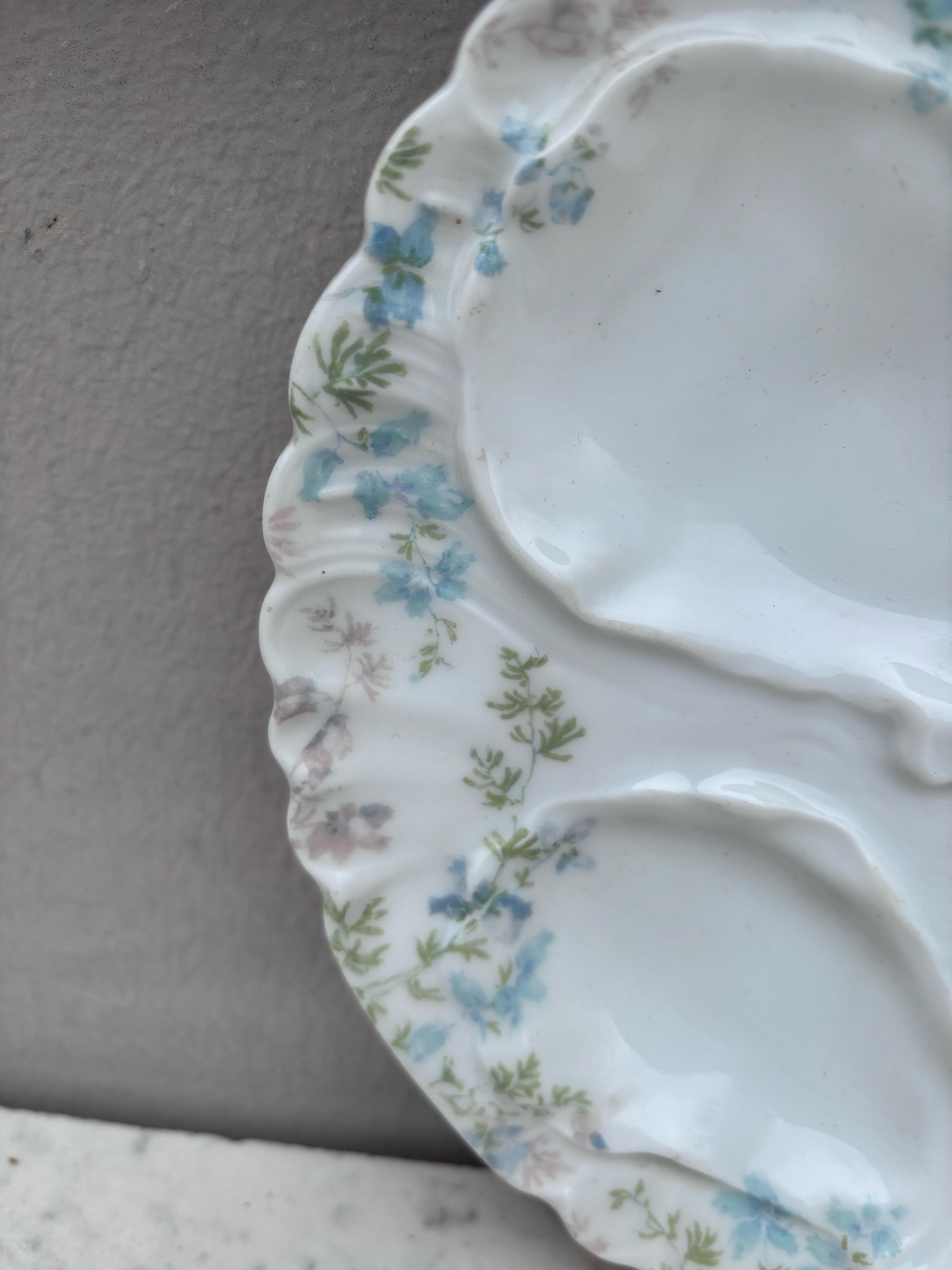 French Small Porcelain Blue Flowers Oyster Plate Limoges, circa 1900 For Sale