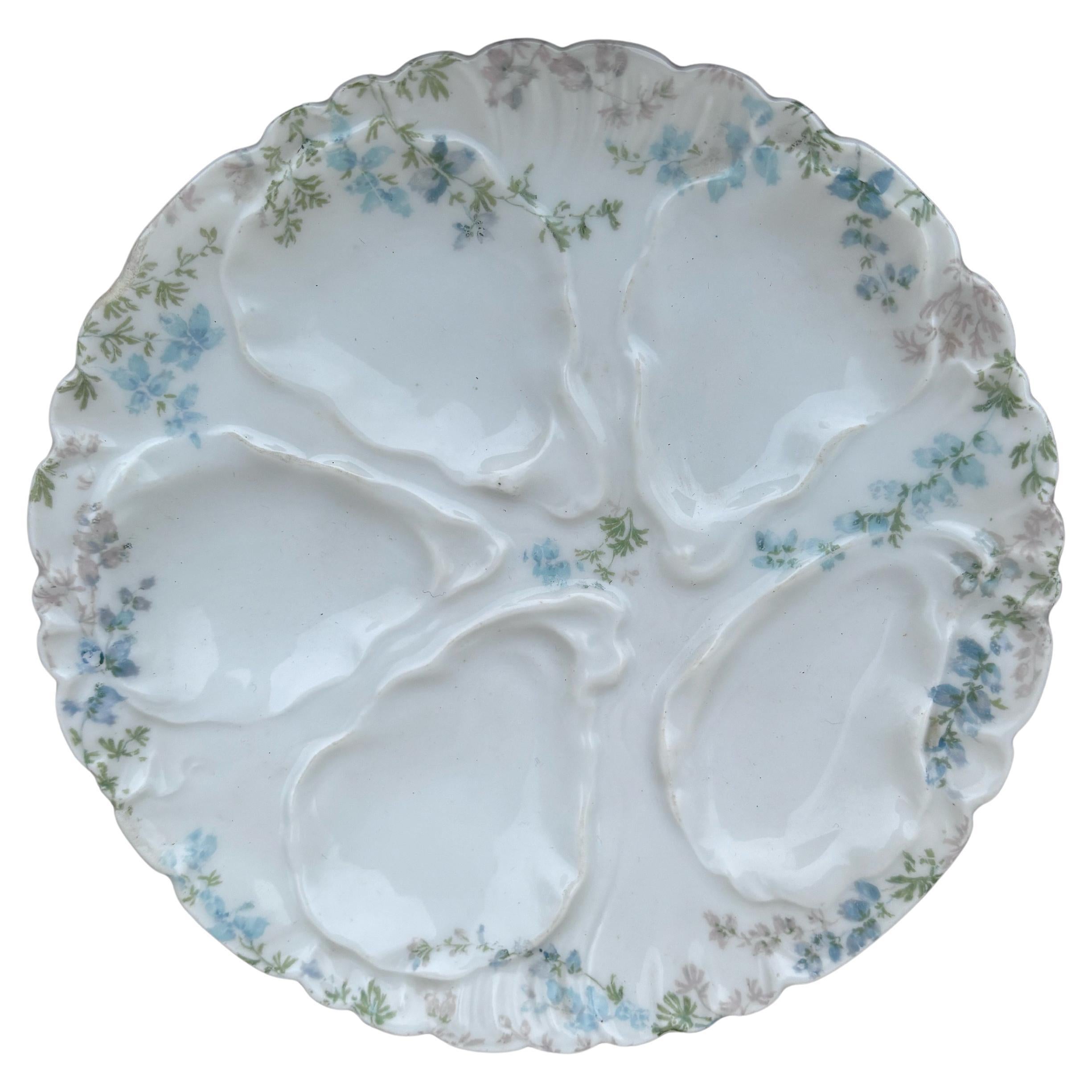 Small Porcelain Blue Flowers Oyster Plate Limoges, circa 1900