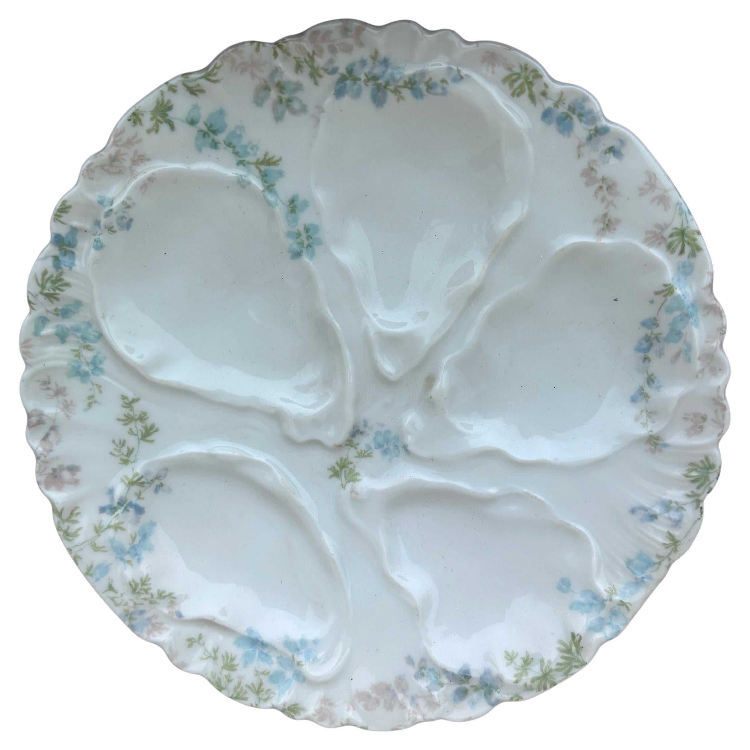 Small Porcelain Blue Flowers Oyster Plate Limoges, circa 1900 For Sale
