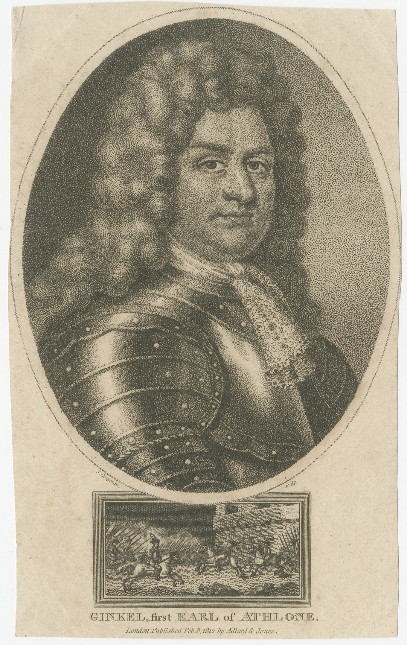 Small Portrait Engraving of Godert de Ginkell, Earl of Athlone, 1812 For Sale