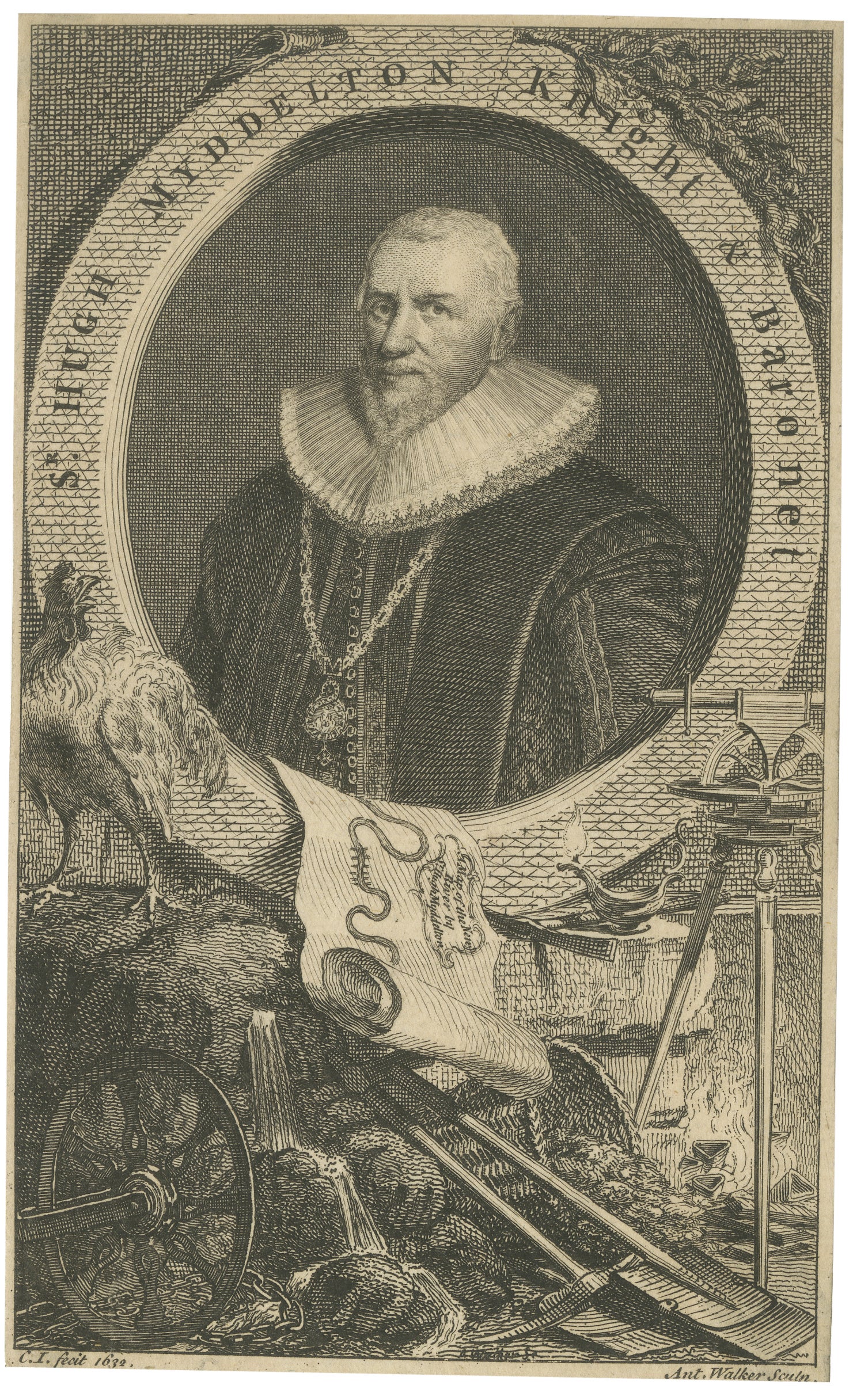 Small Portrait Engraving of Sir Hugh Myddelton after 1632 Portrait, ca.1750