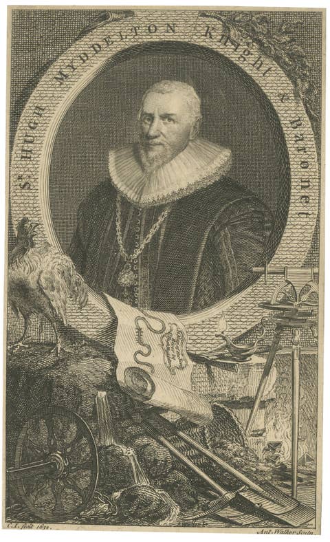 Small Portrait Engraving of Sir Hugh Myddelton after 1632 Portrait, ca.1750