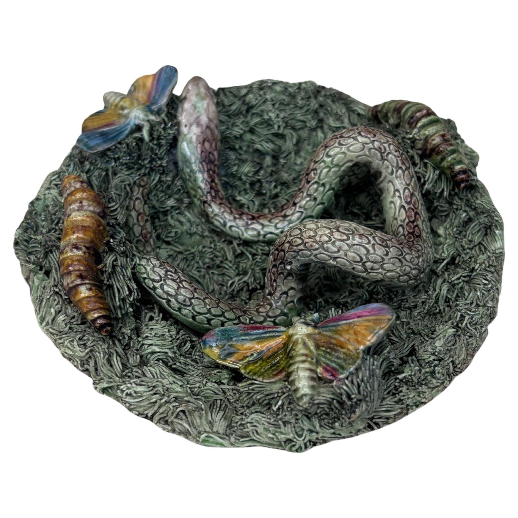 Petit plat portugais en majolique Palissy signé Jose A. Cunha.
Avec un serpent, des papillons et des vers.
(  Caldas da Rainha, Portugal )
Diamètre / 4,5 pouces.