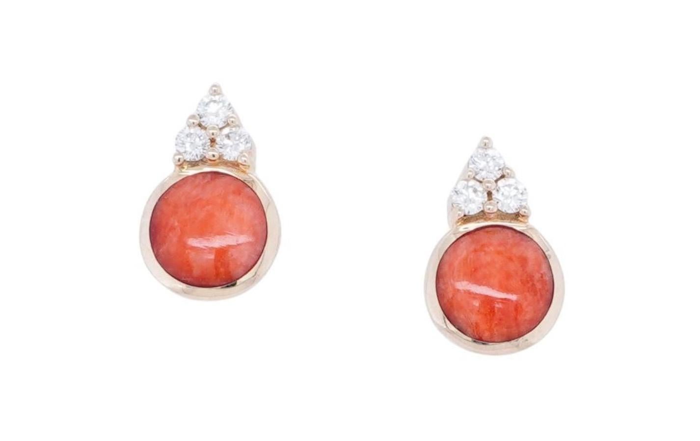 Cabochon Small Post Earrings with Red Spiny Oyster and Diamond Detail, 14kt Gold For Sale