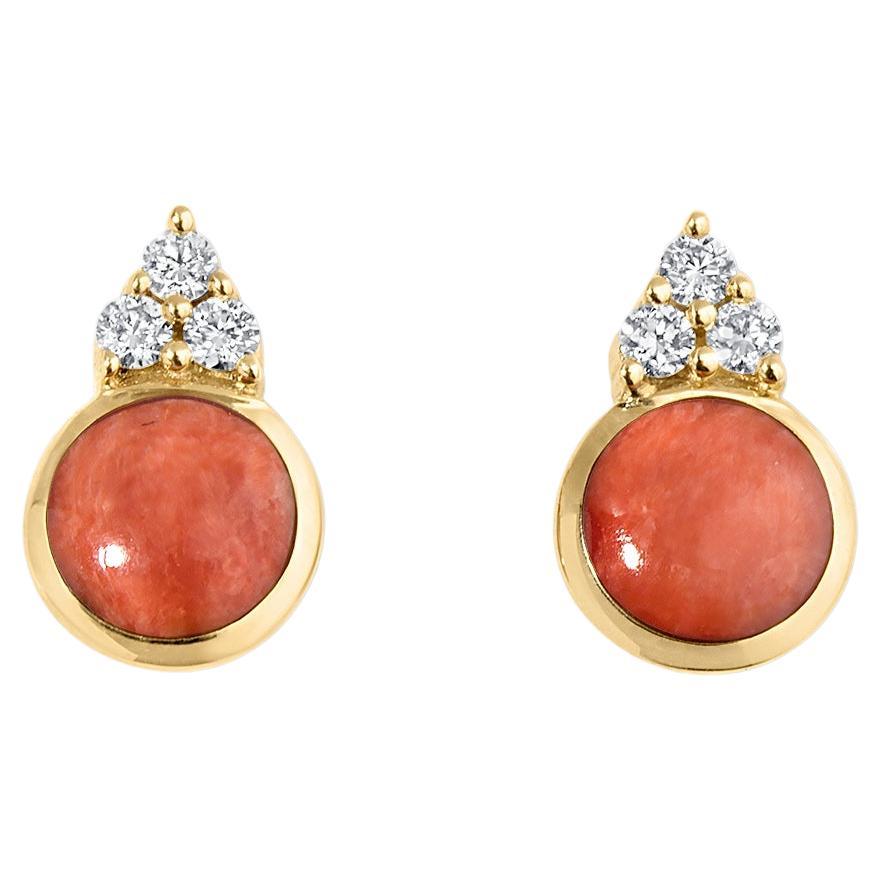 Small Post Earrings with Red Spiny Oyster and Diamond Detail, 14kt Gold For Sale