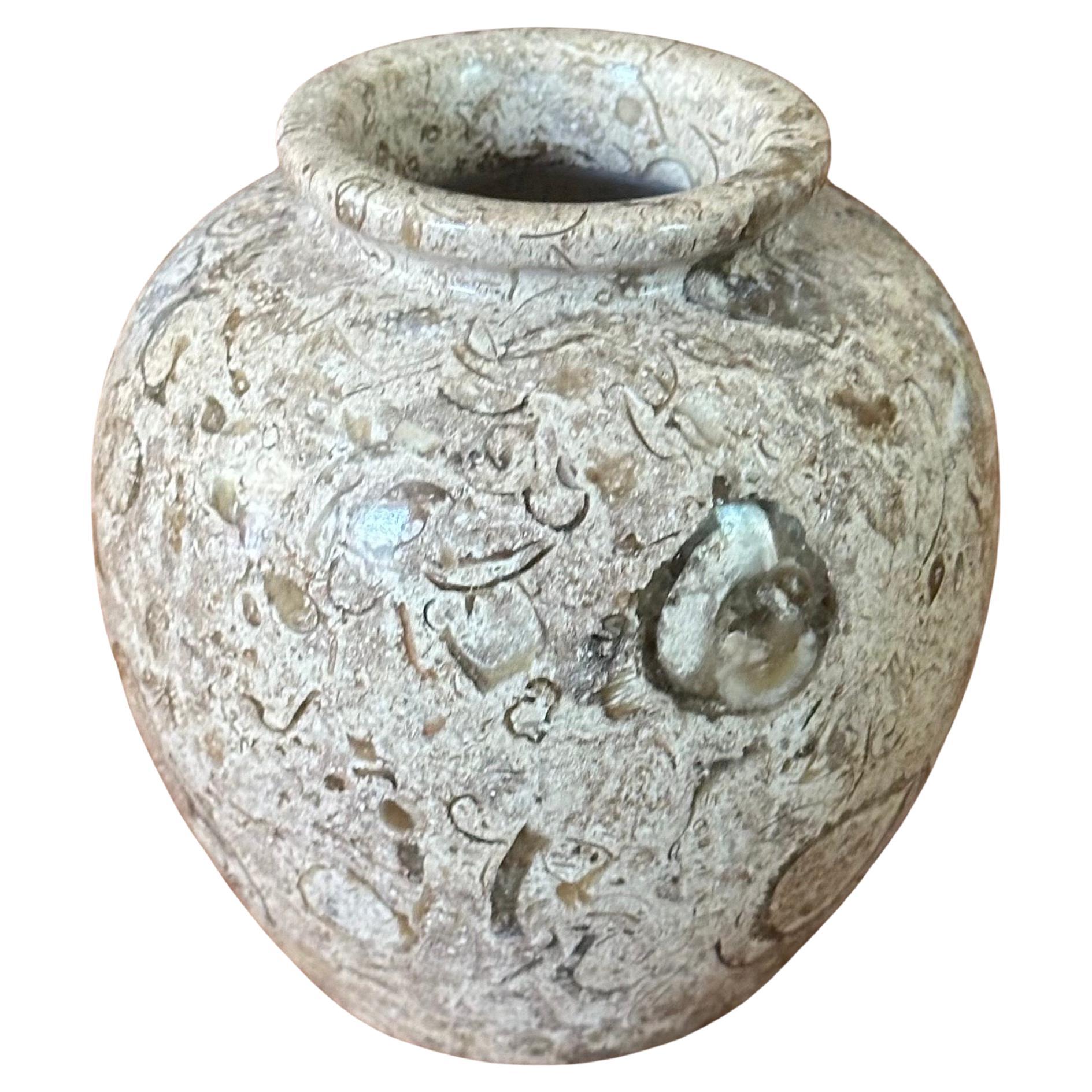 Italian Small Post-Modern Fossilized Stone Vase For Sale